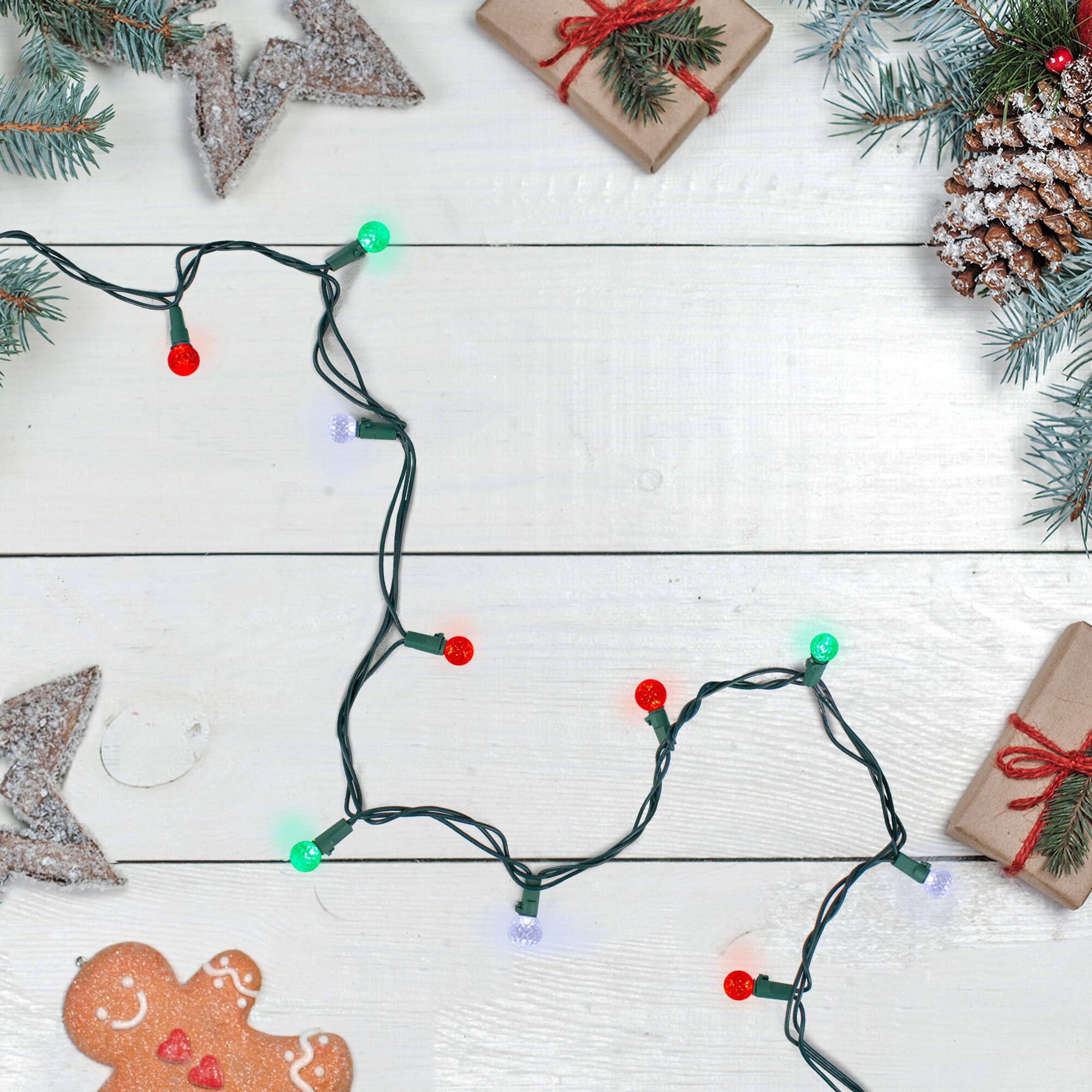 50ct. Red, Green & White LED G12 Berry Christmas Lights Set With Green Wire