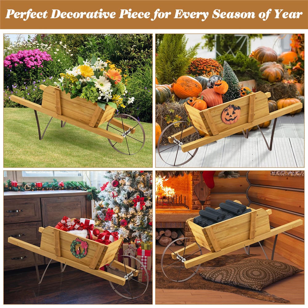 Costway Decorative Rustic Wood Wheelbarrow Planter Cart