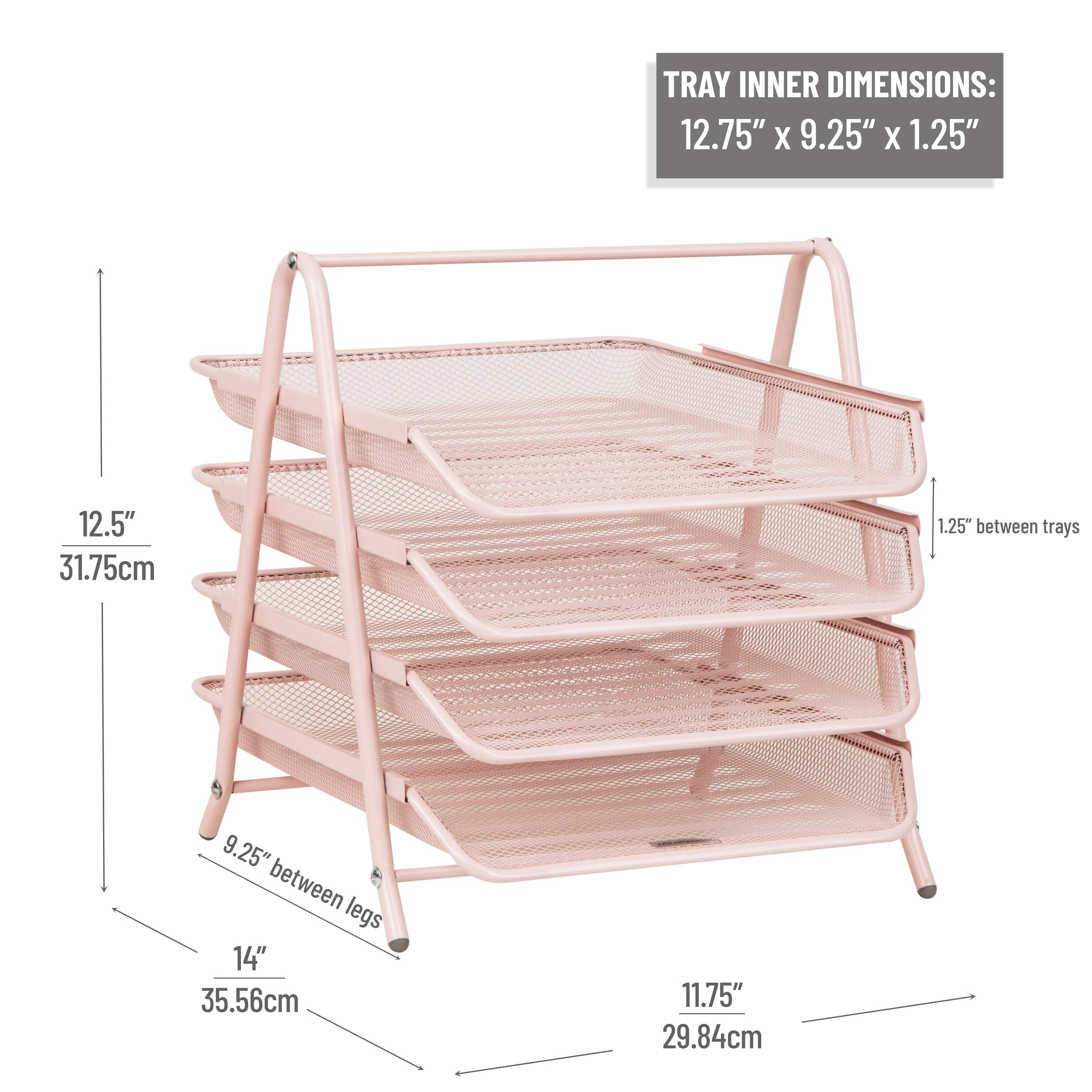 Mind Reader 4-Tier Paper Tray Organizer, Desktop File Sorter with Handle, Document Storage, Slide-Out Trays, Metal Mesh, Pink
