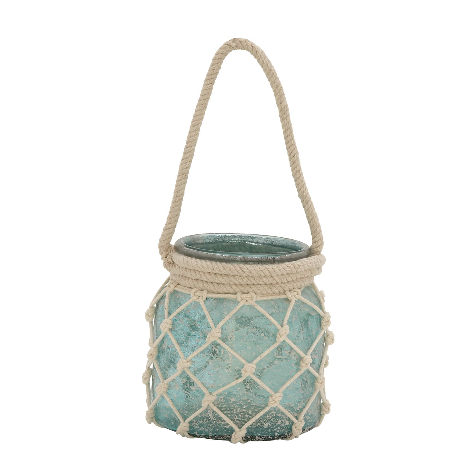 Aquamarine Glass Coastal Candle Holder Lantern, 15" x 7" x 7"