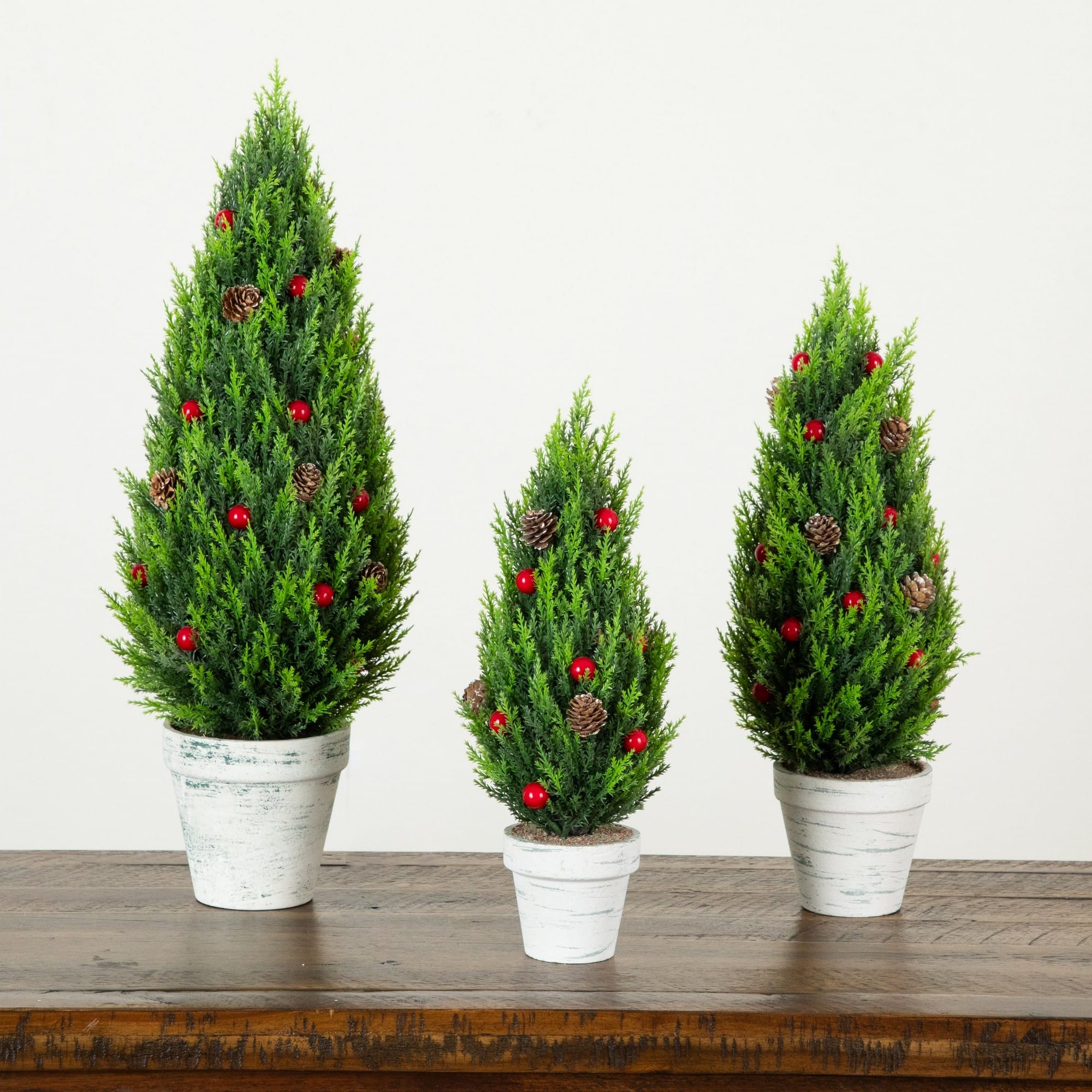 Nearly Natural Artificial Cypress Trees with Red Berries & Pinecones in White Rustic Planter Set