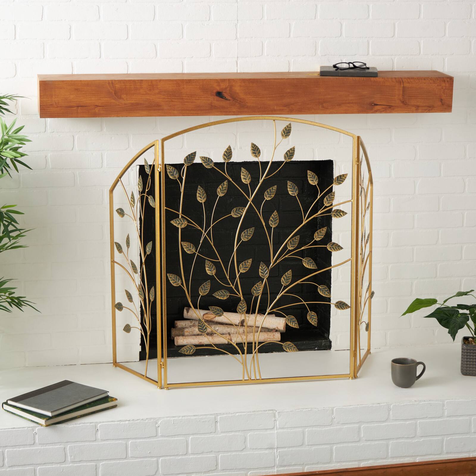 38.25" Gold Metal Leaf Foldable 3-Panel Fireplace Screen