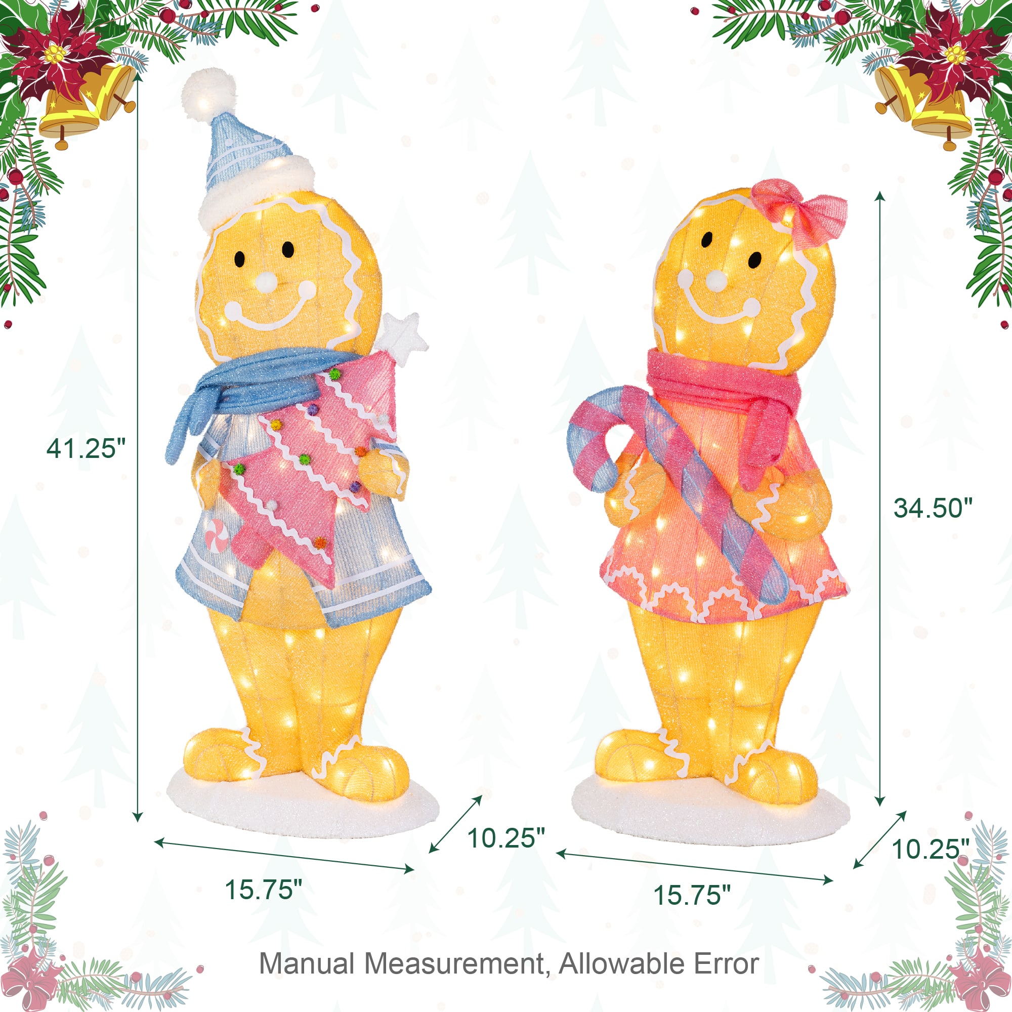 Glitzhome® 41.25" Christmas 3D Fabric Gingerbread Men with 120 Warm White LED Lights Set