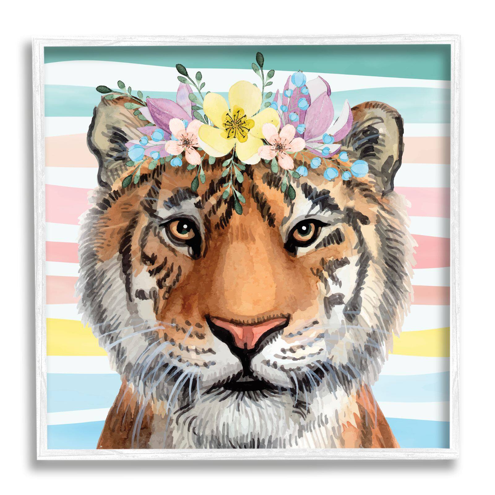 Stupell Industries Jungle Tiger Chic Purple Yellow Floral Crown Stripes Framed Wall Art