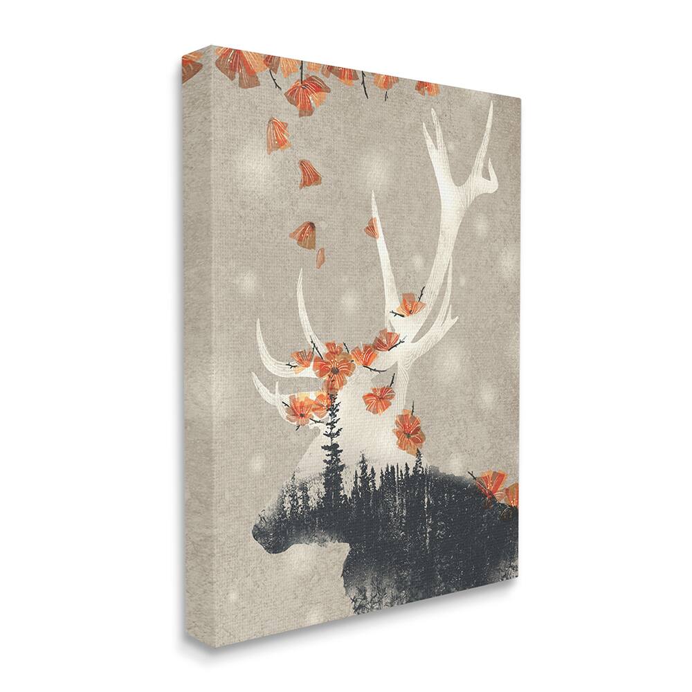 Stupell Industries Tree Forest Elk Silhouette Orange Florals Canvas Wall Art