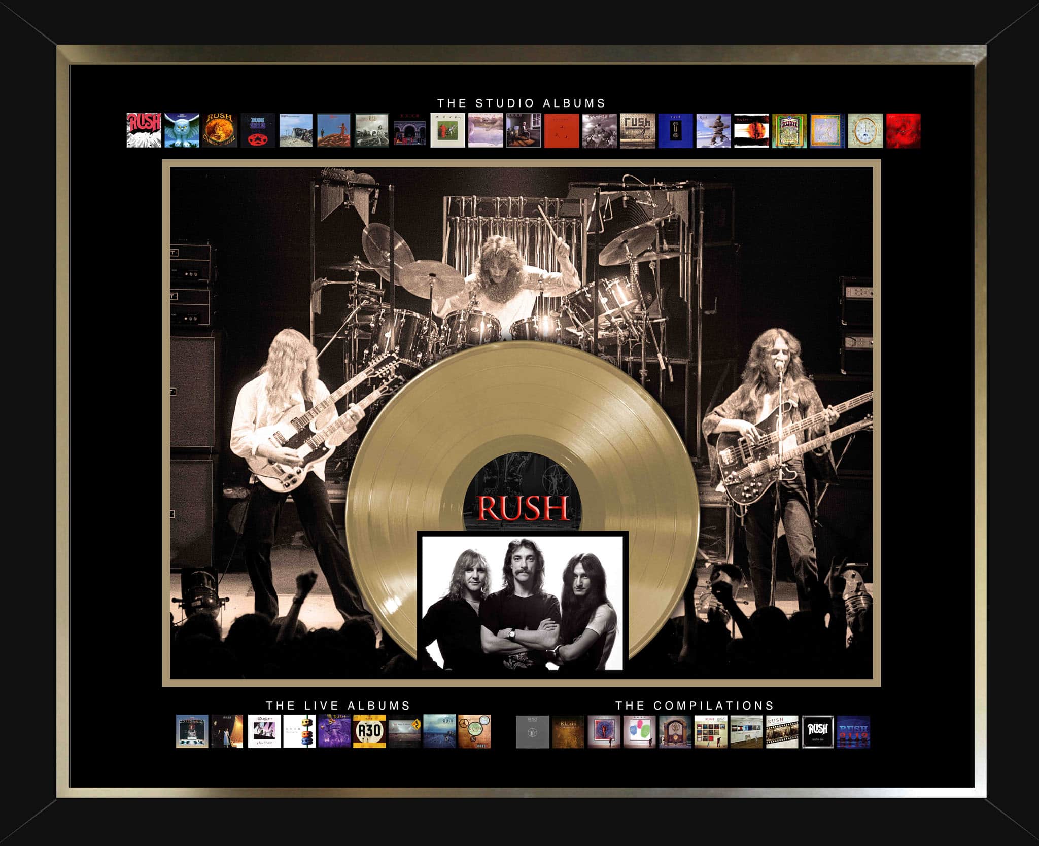 Rush Framed Album Collection Collage with Gold 45 Record 23.5" x 19.5"