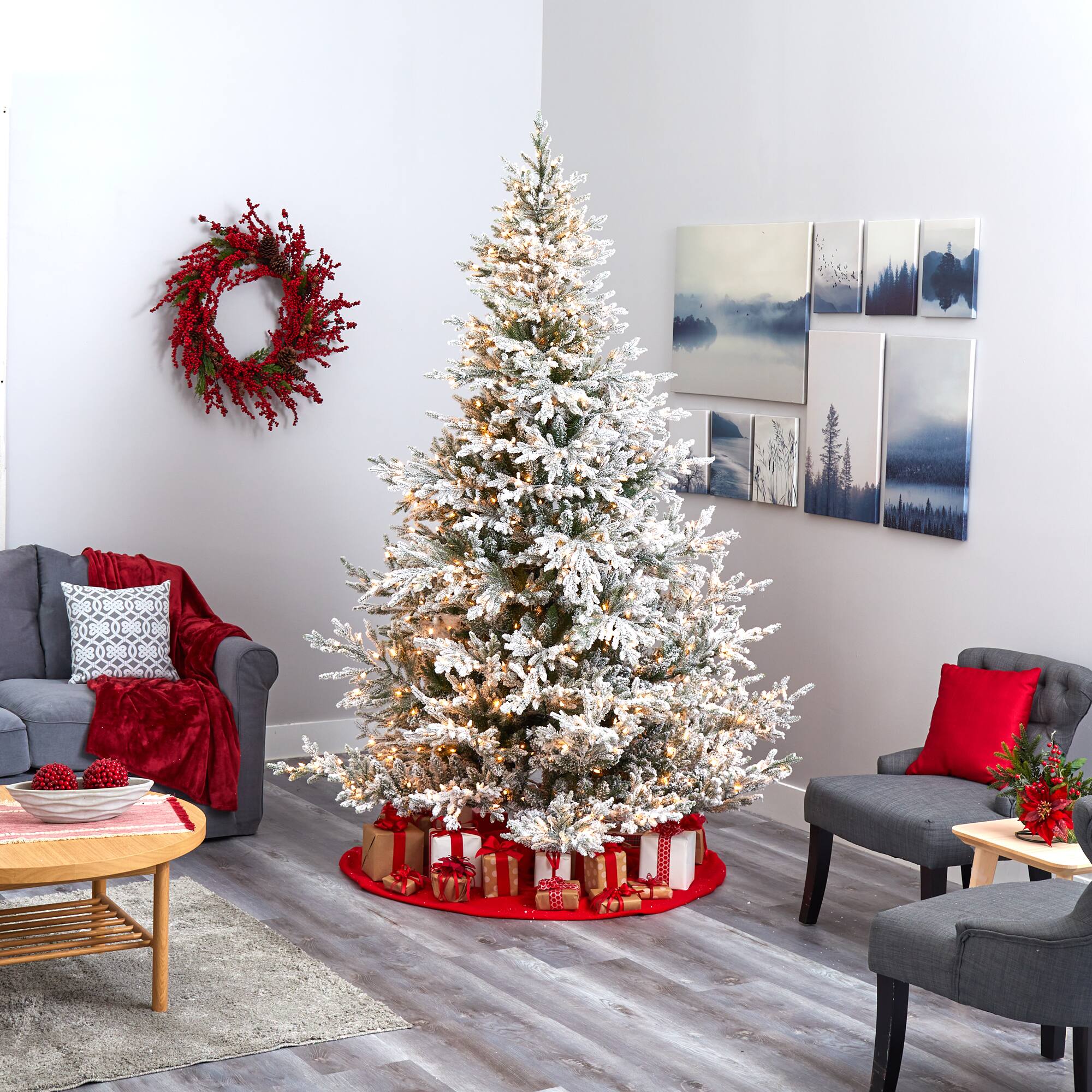 8ft. Pre-Lit Flocked Fraser Fir Artificial Christmas Tree with Warm White LED Lights