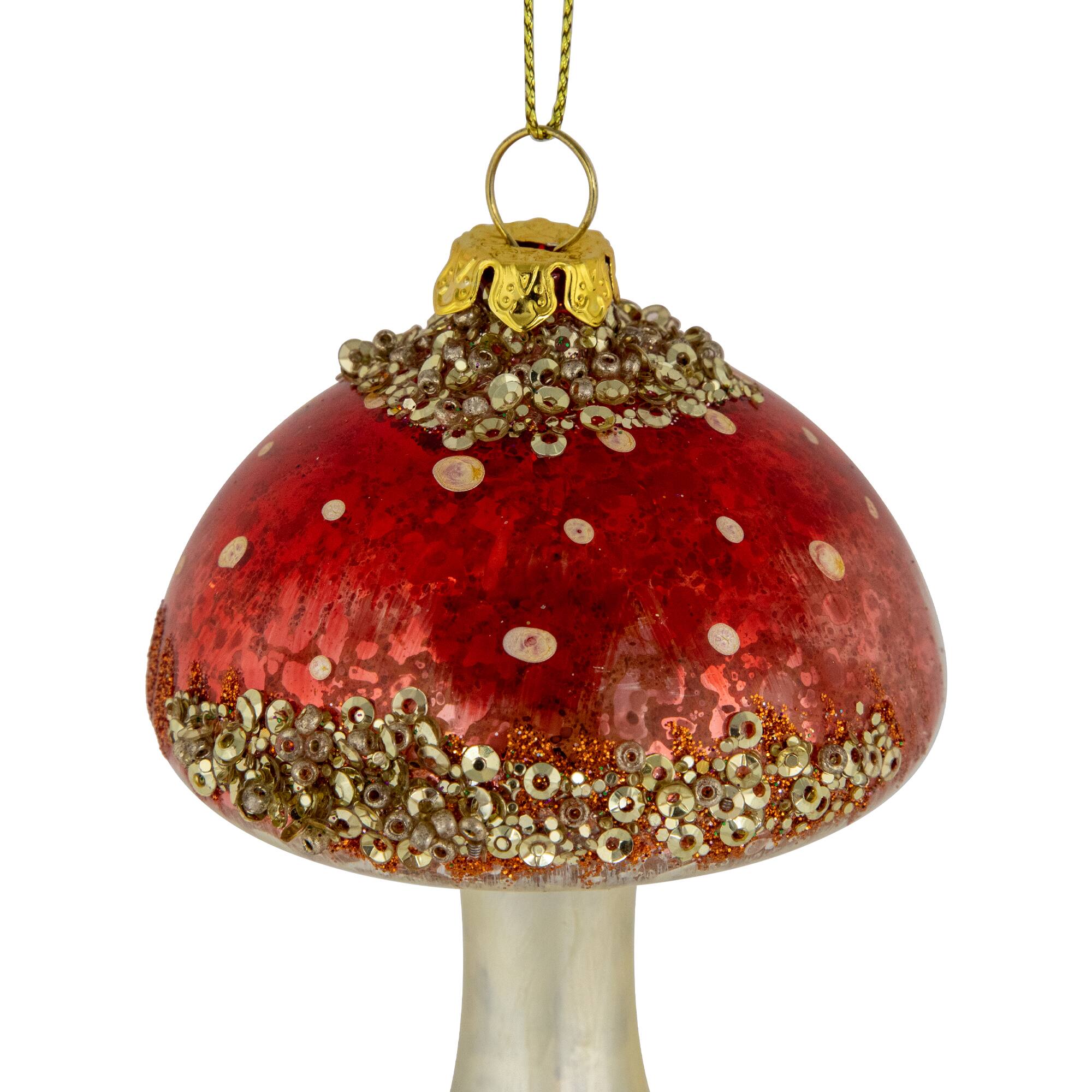 Sequined Mushroom Glass Christmas Ornament - 5" - Red and Gold Finish