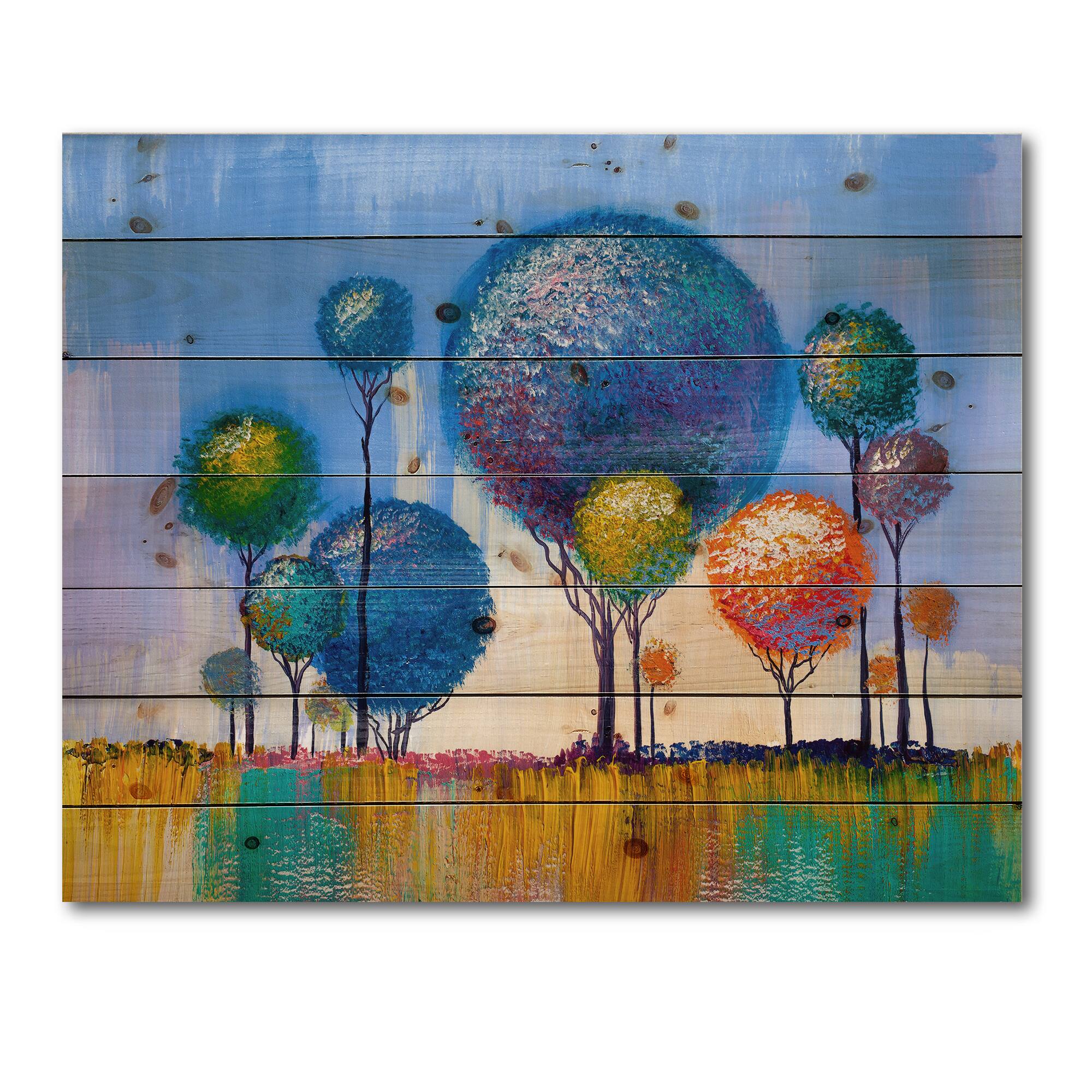 Designart - Colourful Trees Impressionist Landscape I - Modern Print on Natural Pine Wood