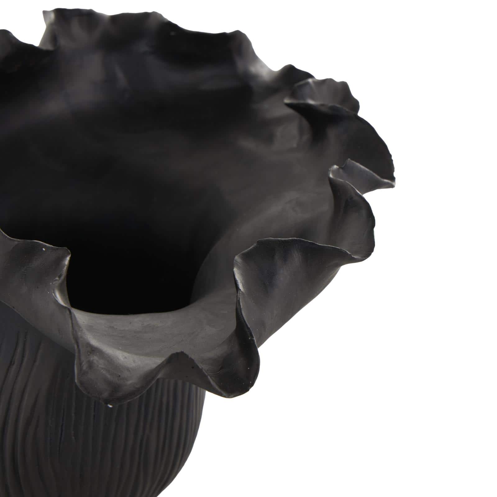 9" Black Ceramic Abstract Floral Inspired Vase with Linear Grooves