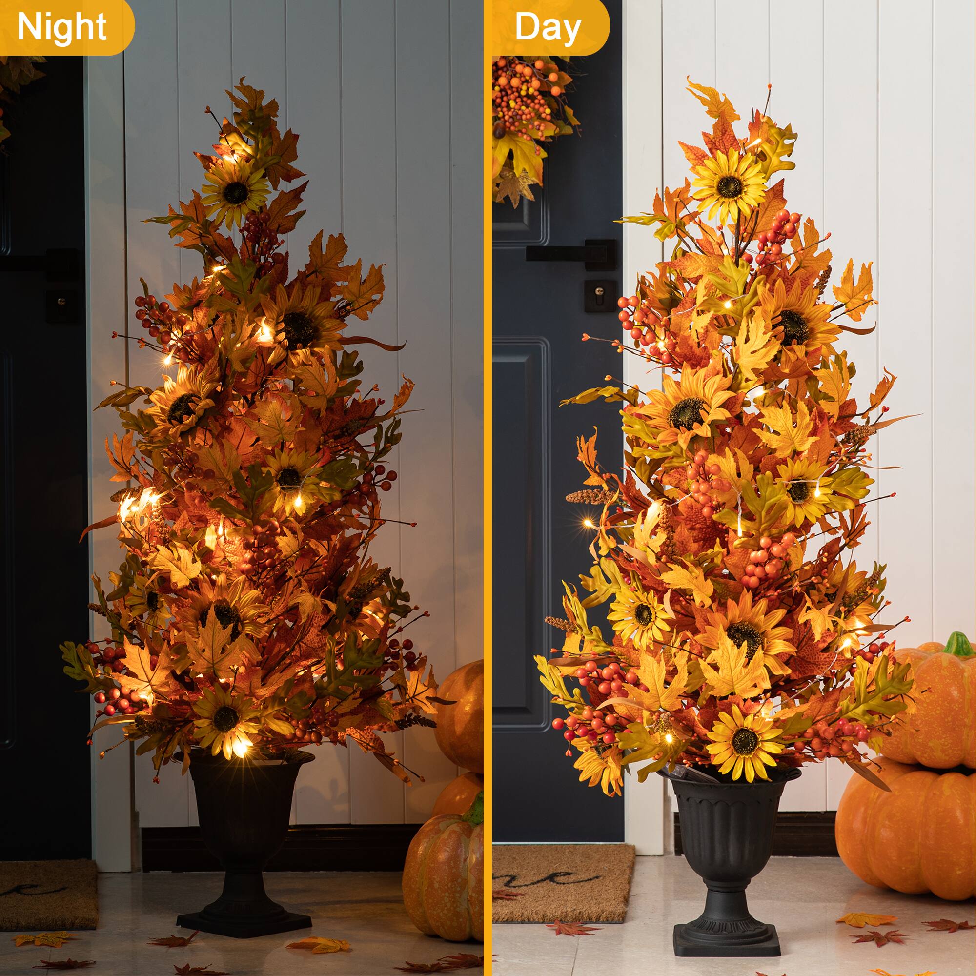Glitzhome® 48" Fall Lighted Maple Leaf & Sunflower Urn Porch Tree with Timer