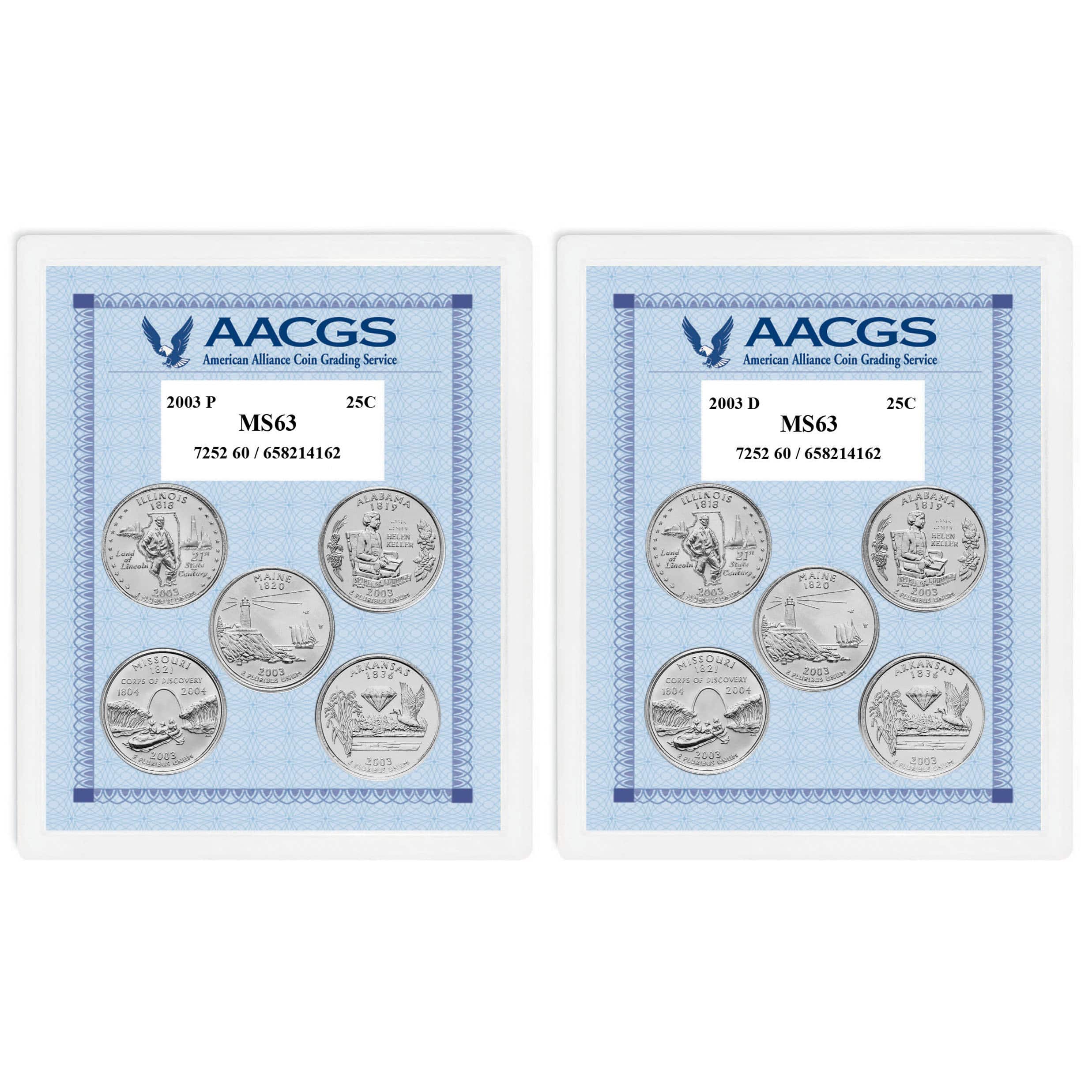 2003P & 2003D Statehood Quarters Graded MS63 Brilliant Uncirculated 
