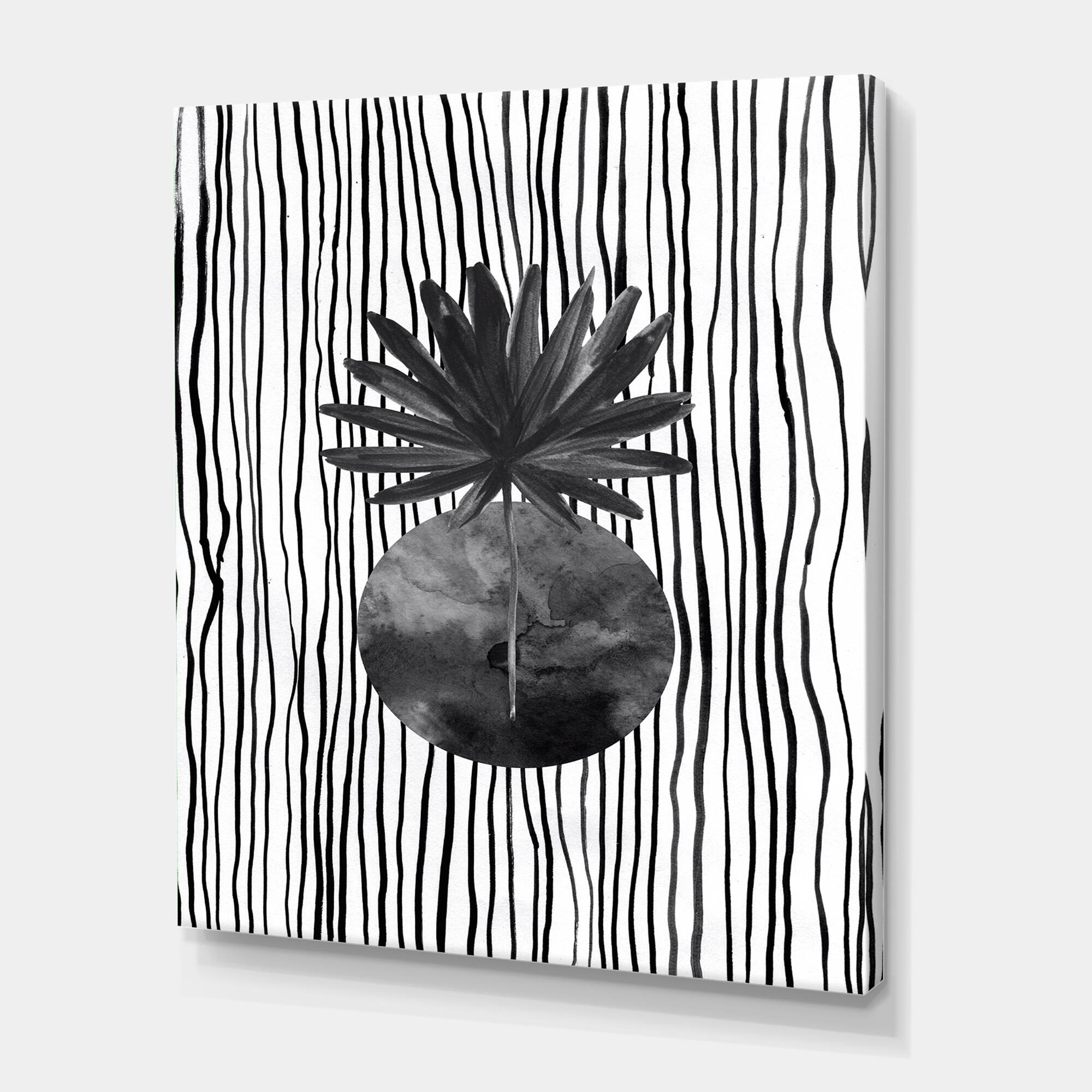 Designart - Black and White Tropical Leaf On Striped I - Modern Canvas Wall Art Print