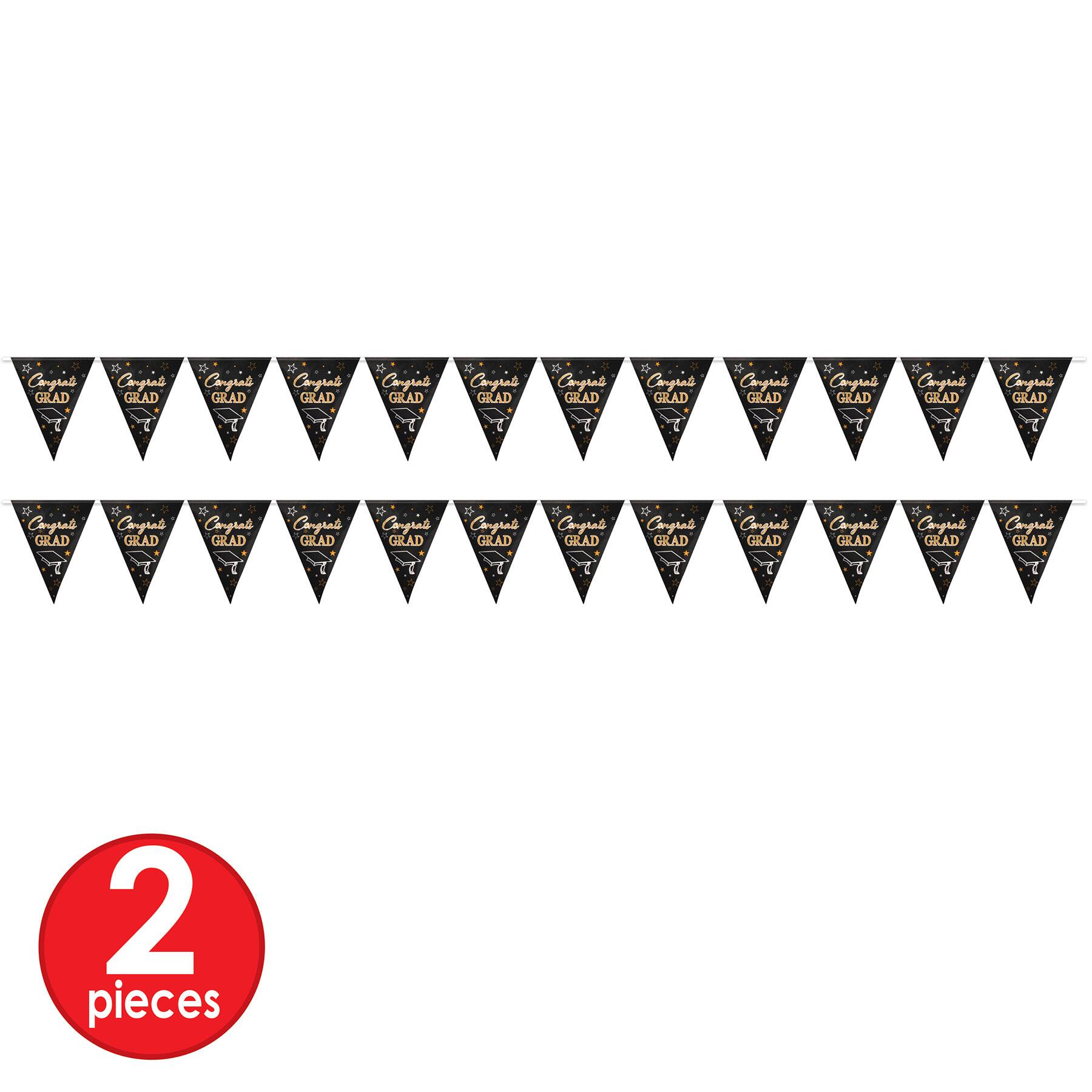 Beistle 11" x 12ft. Black & Gold Metallic Congrats Grad Pennant Banners, 2ct.
