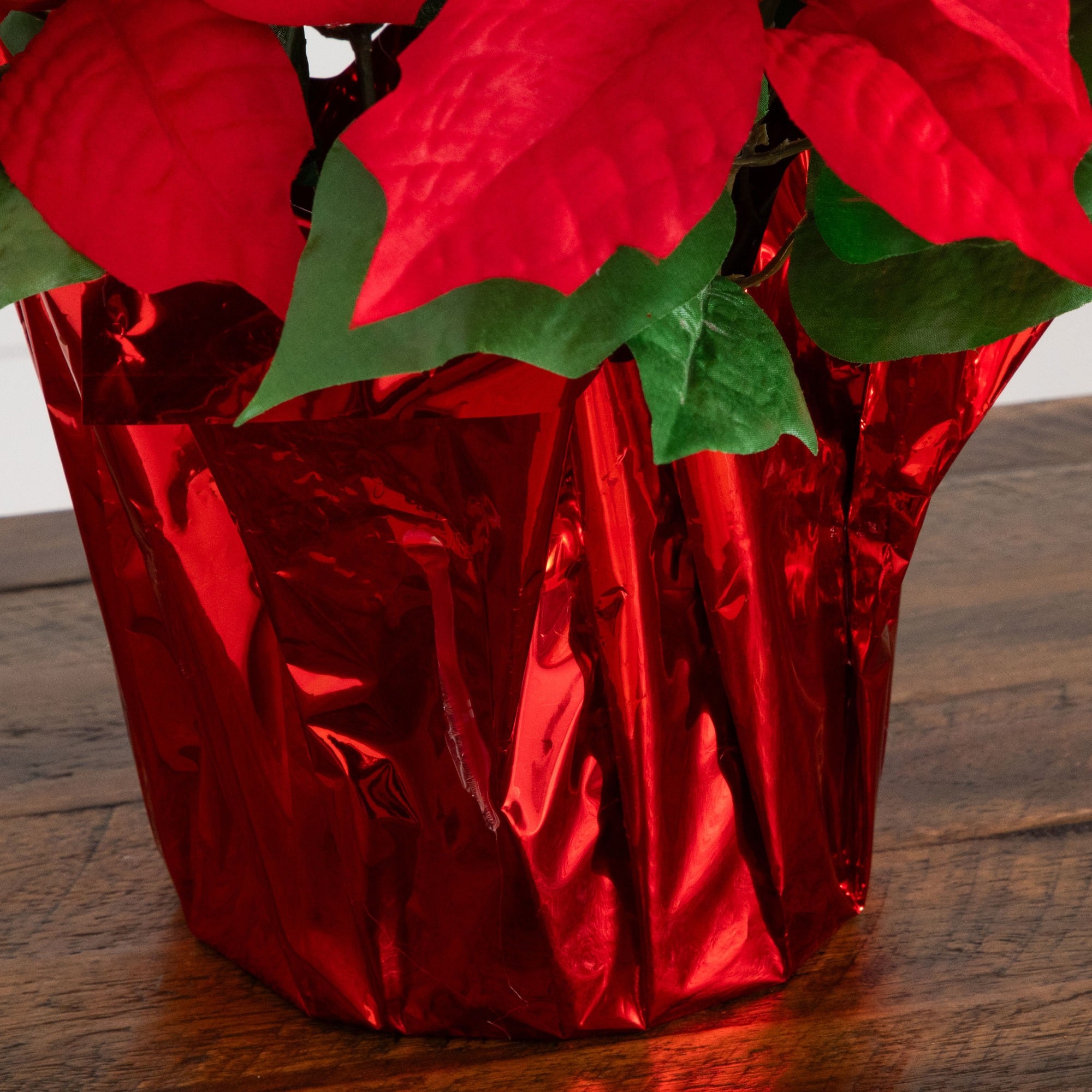 Nearly Natural 13" Artificial Potted Poinsettia Arrangement in Red Wrapped Planters