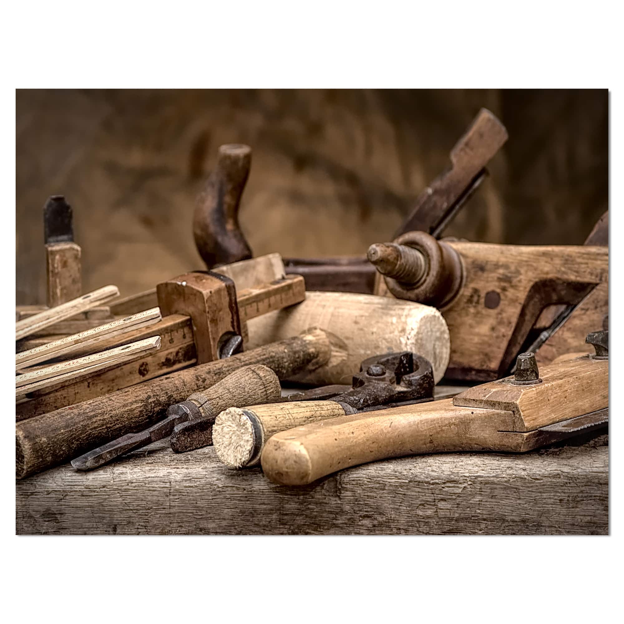 Designart - Vintage woodworking tools - Vintage Painting Print on Wrapped Canvas
