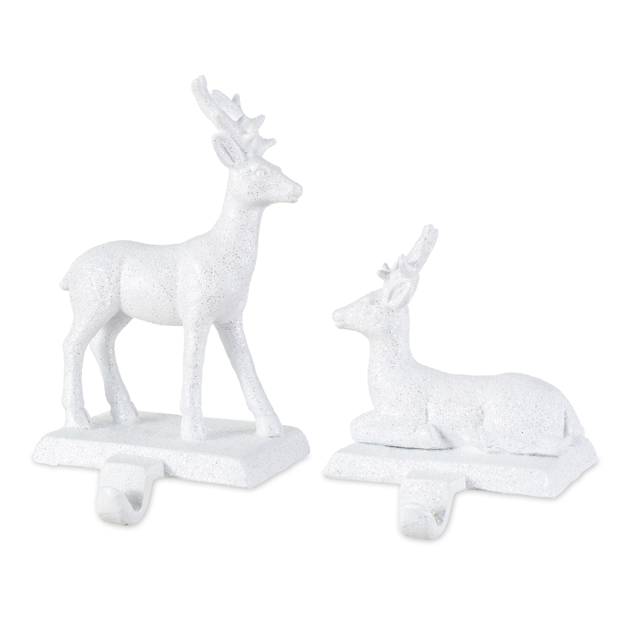 Glitzhome® Set of 2 White Glitter Resin Standing & Sitting Reindeer Stocking Holders | 4.75" x 4.25" x 7.28" | Michaels®