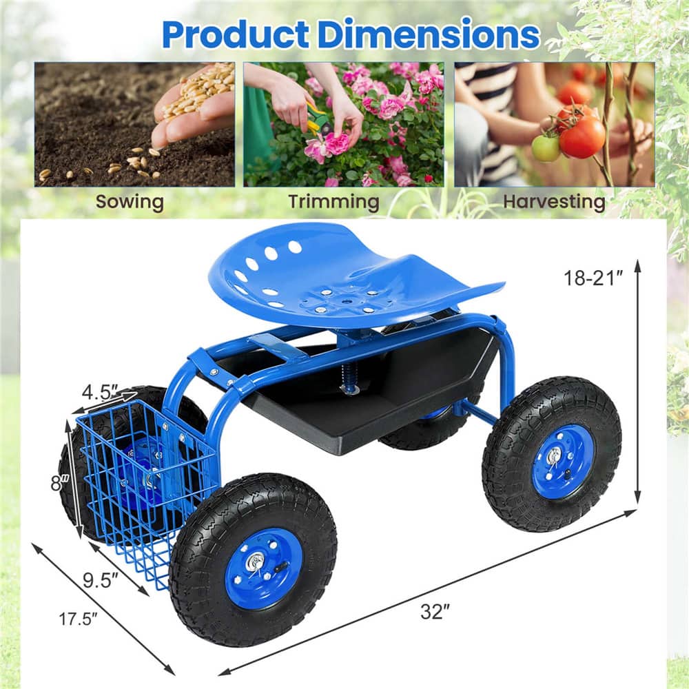 Costway Blue & Black Heavy Duty Garden Cart Rolling Work Seat Garden Planting with Tool Tray