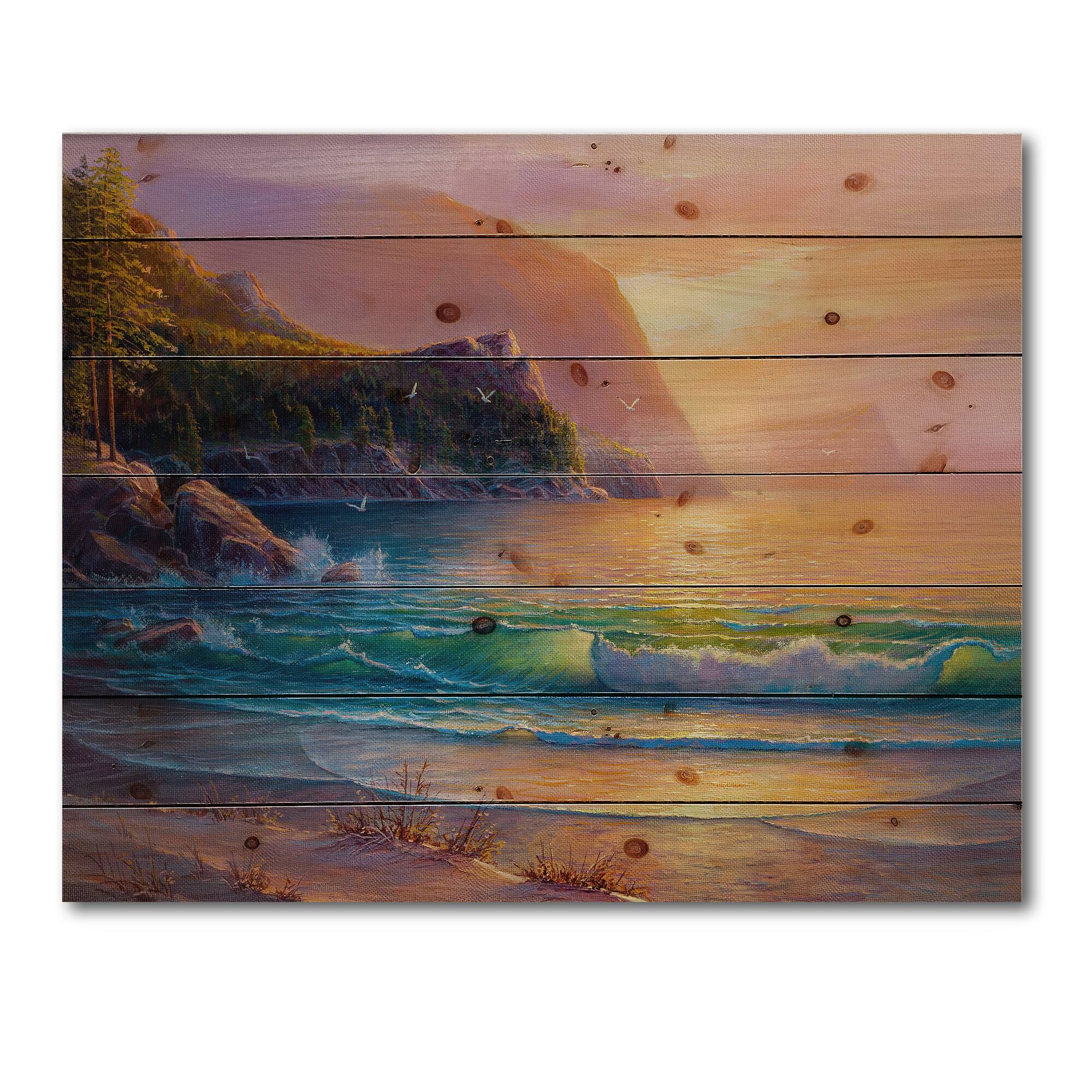 Designart - Romantic Beach During Warm Sunset - Nautical & Coastal Print on Natural Pine Wood