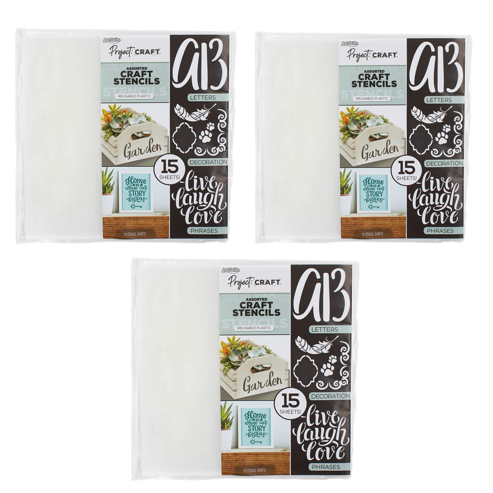 ArtSkills® Plastic Letter Stencil Sets with Designs, Numbers & Phrases, 3ct.