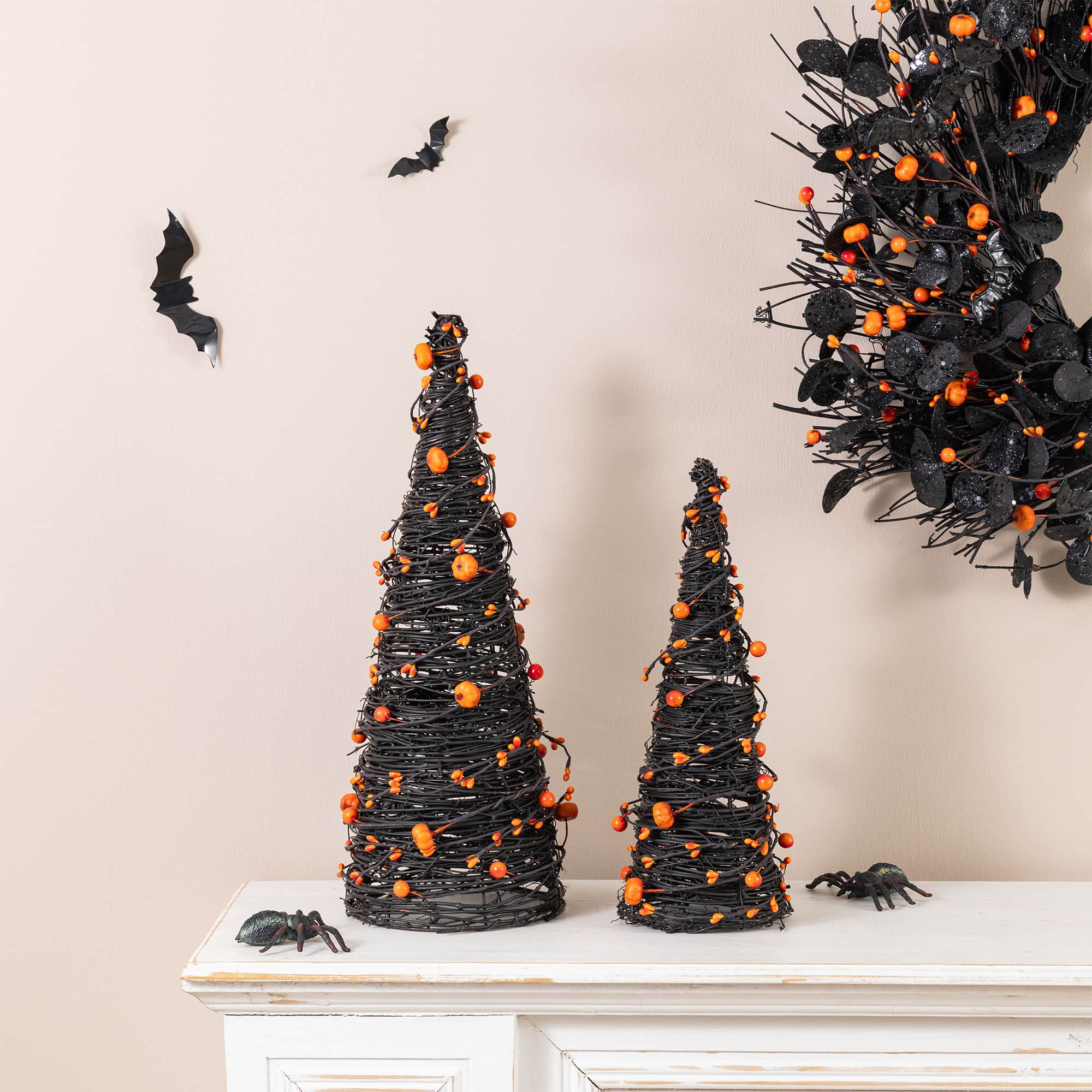 Glitzhome® Halloween Eucalyptus with Bats Pumpkin Cone Tree, Set of 2