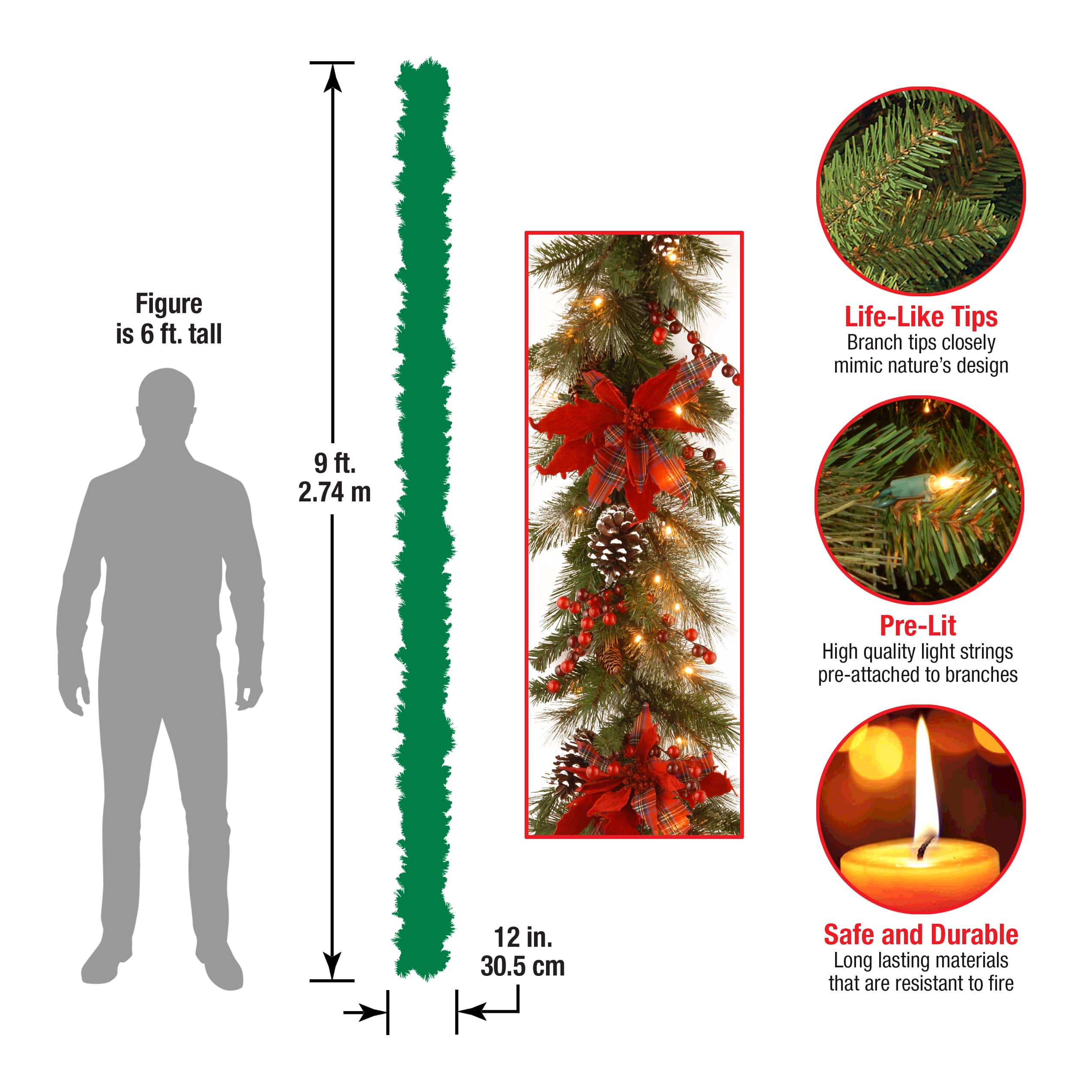 9' X 12" Pre-lit Decorative Collection Tartan Plaid Artificial Christmas Garland with Cones, Red Berries, Poinsettias and Soft White LED