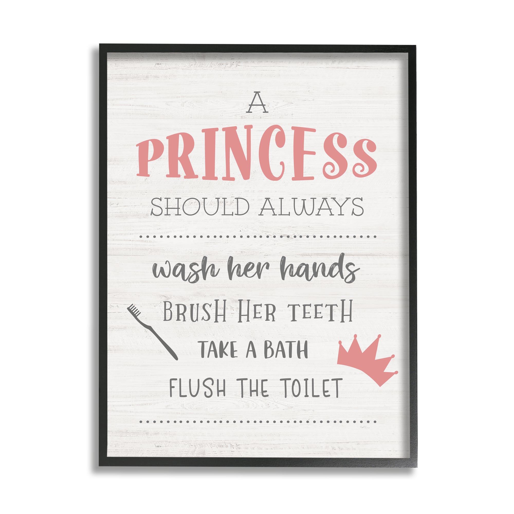 Stupell Industries Princess Bathroom Rules Good Hygiene Phrases Pink Crown Framed Wall Art