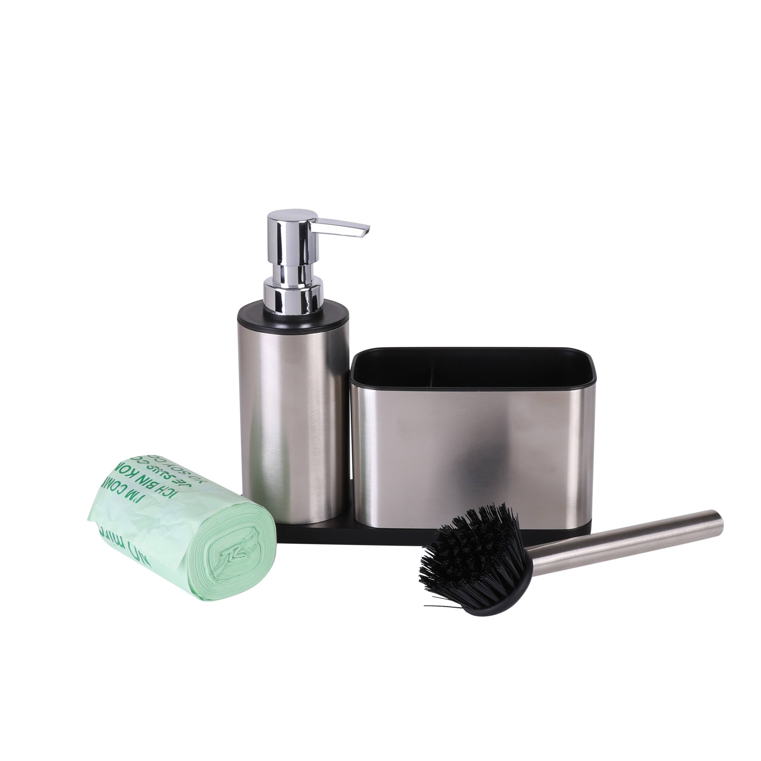 Organize It All Stainless Steel Compost Bin with Bonus Biodegradable Bags, Sink Organizer & Scrub Brush