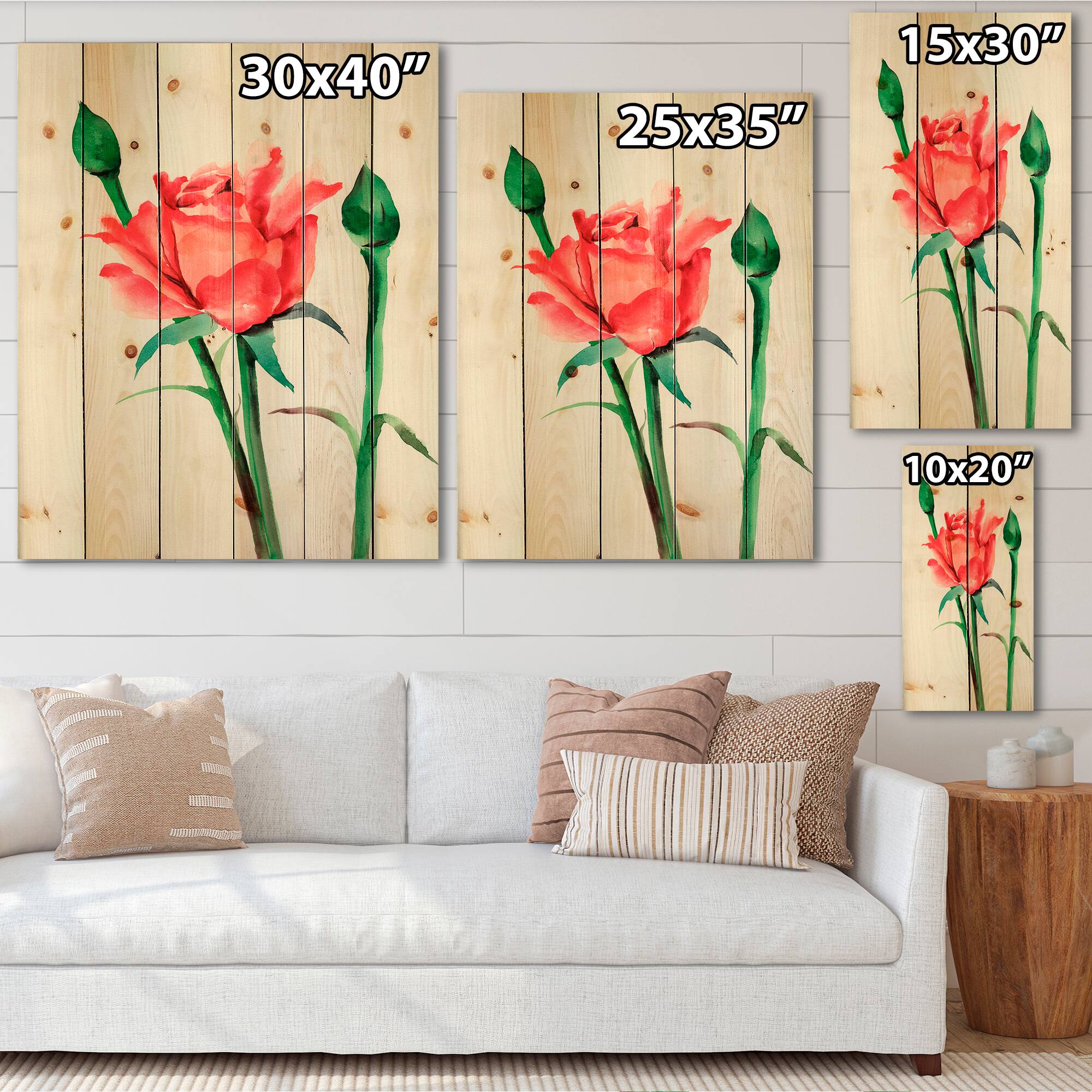Designart - Red Rose With Buds - Traditional Print on Natural Pine Wood
