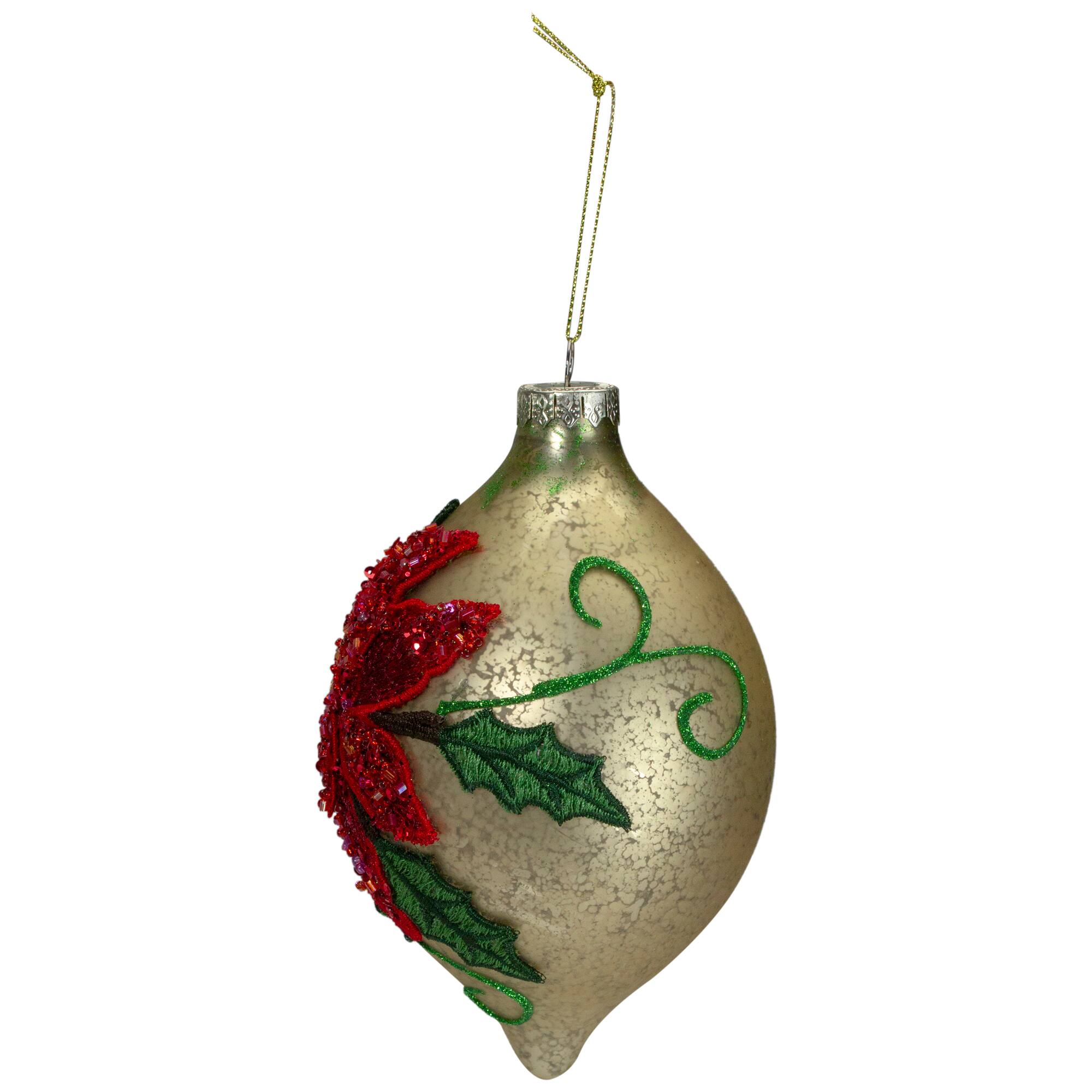 6.5" Glitter Red & Gold Poinsettia Glass Finial Christmas Ornament
