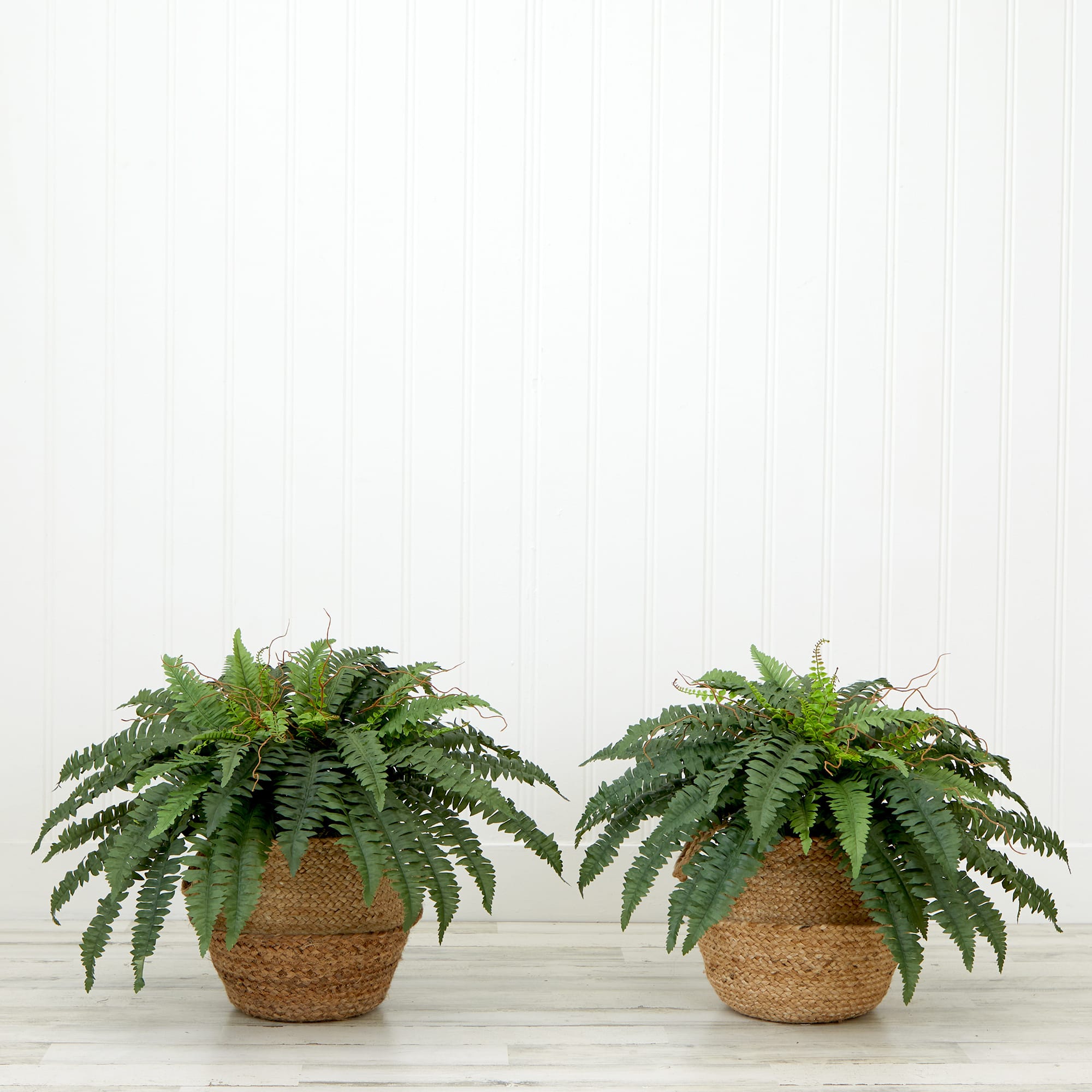 23" Artificial Boston Fern Plant with Handmade Jute & Cotton Basket with Handles