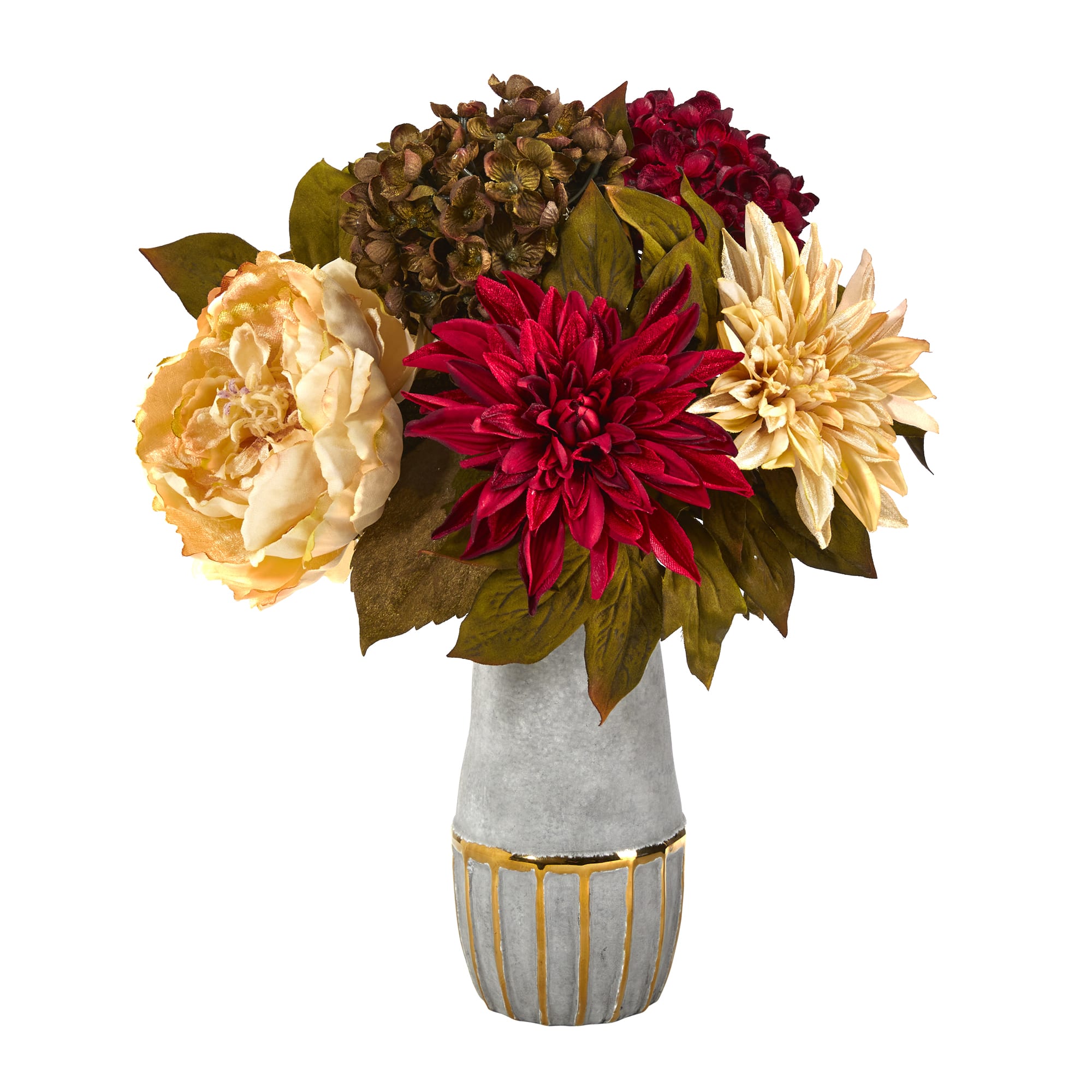 17" Peony, Hydrangea & Dahlia Arrangement in Stoneware Vase with Gold Trimming