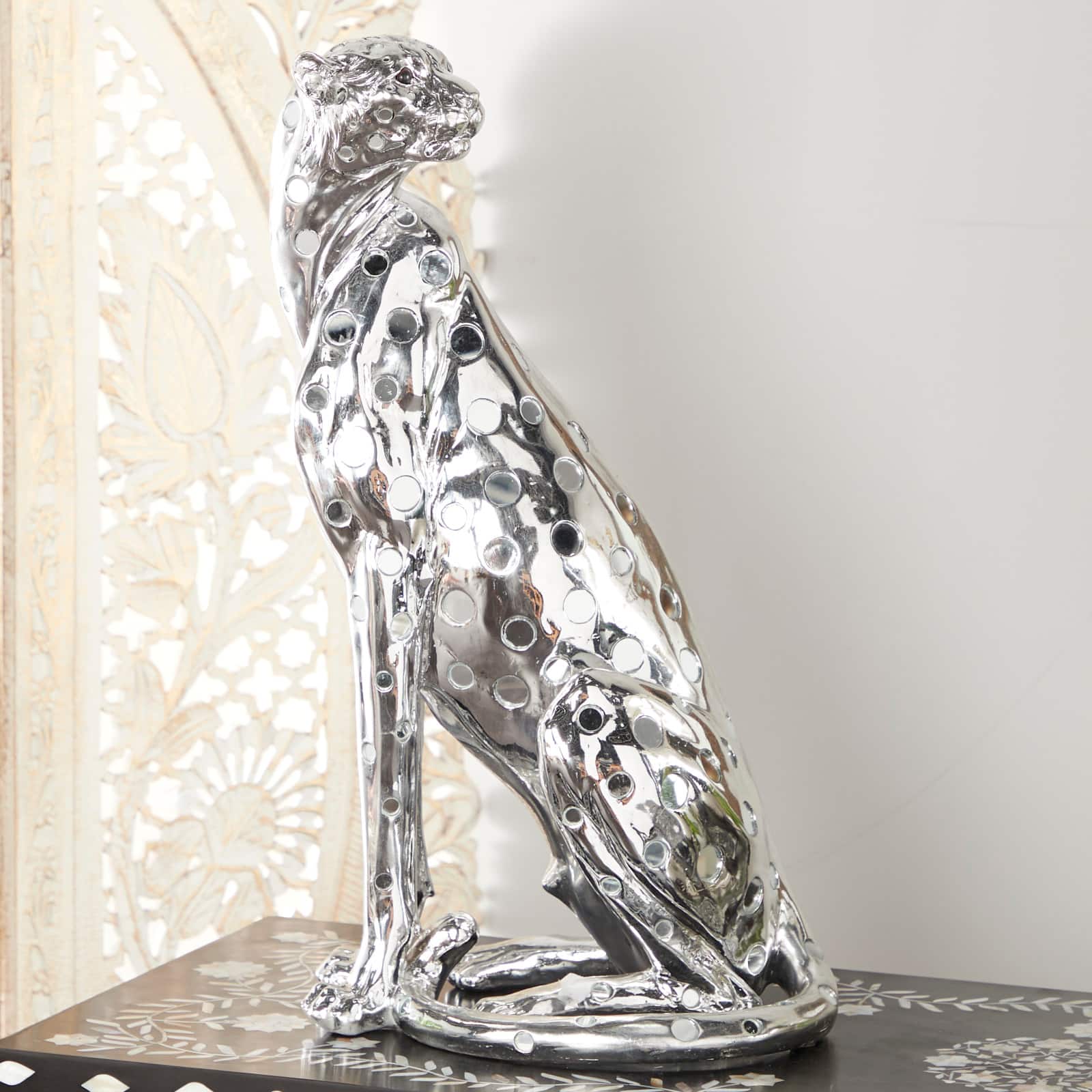 23" Silver Eclectic Leopard Sculpture