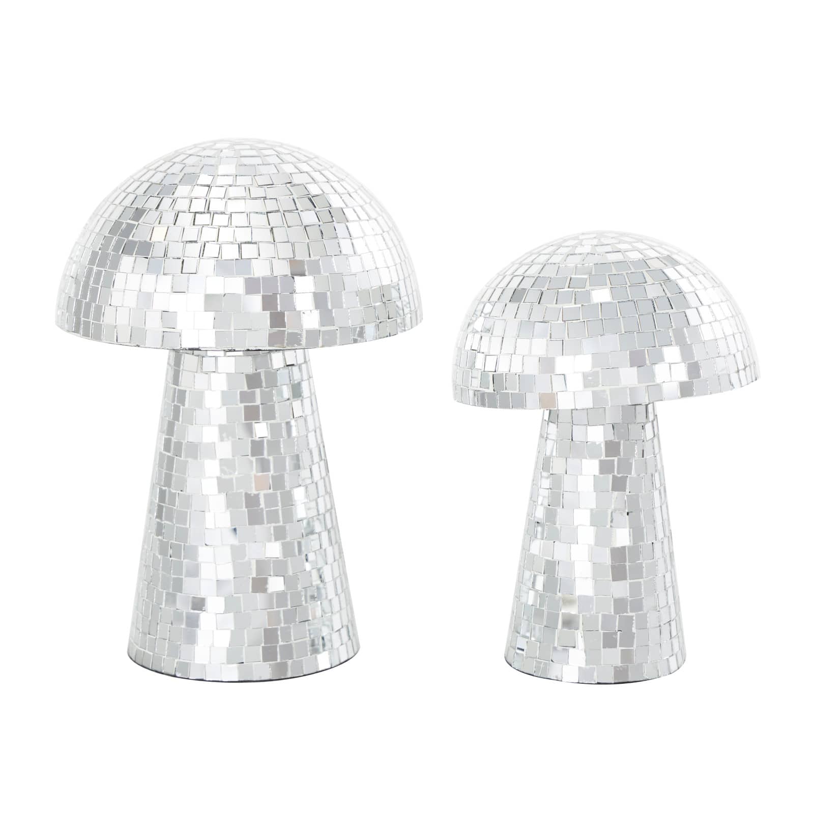 Silver Handmade Glass Mosaic Mushroom Mirror Sculpture Set