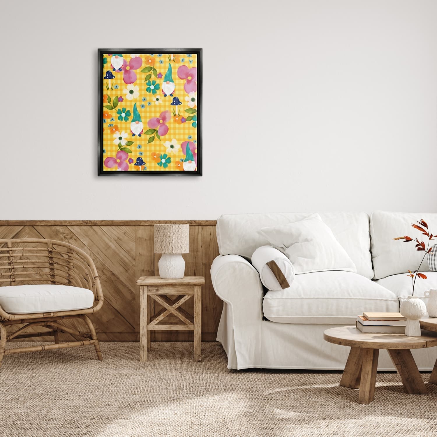Stupell Industries Yellow Tartan Patterned Spring Gnomes Mushrooms Floater Framed Art