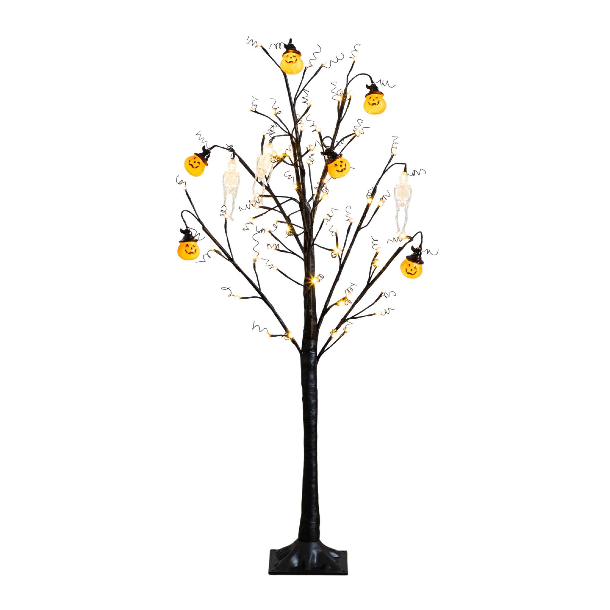 4ft. Pre-Lit Artificial Halloween Pumpkins and Skulls Ornament Tree with 64 Warm White LED Lights