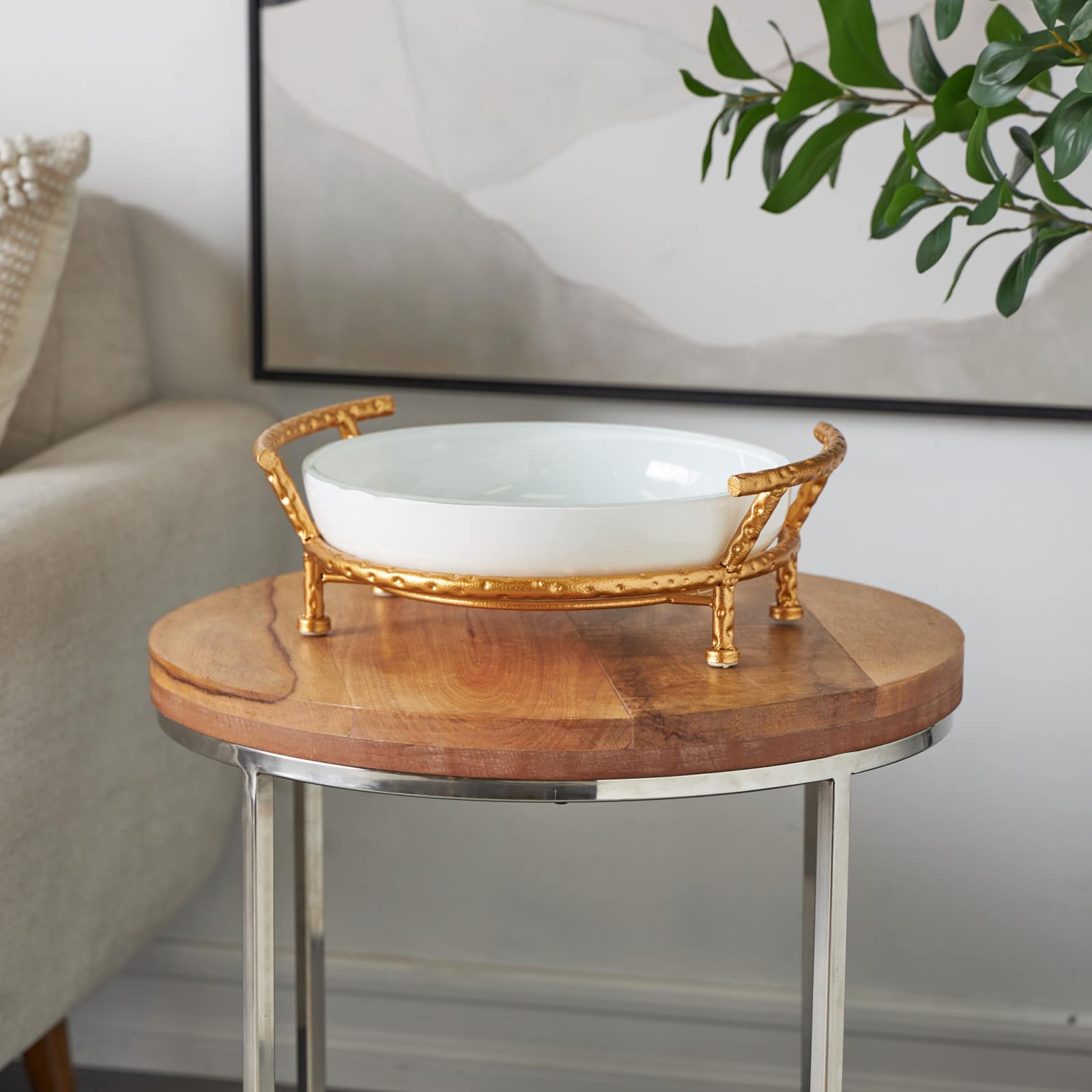 14.5" White Tempered Glass Kitchen Serving Bowl with Gold Metal Stand