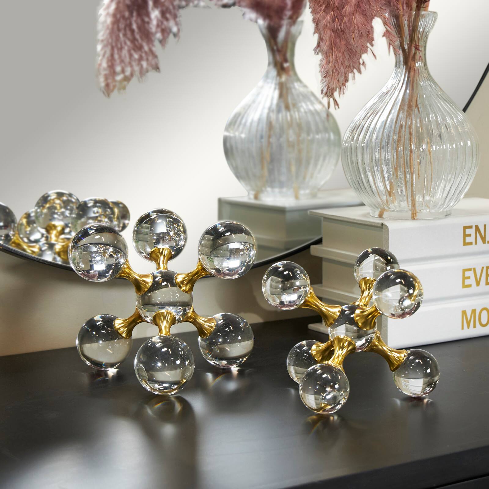Clear & Gold Crystal Jack Inspired Orb Sculpture Set