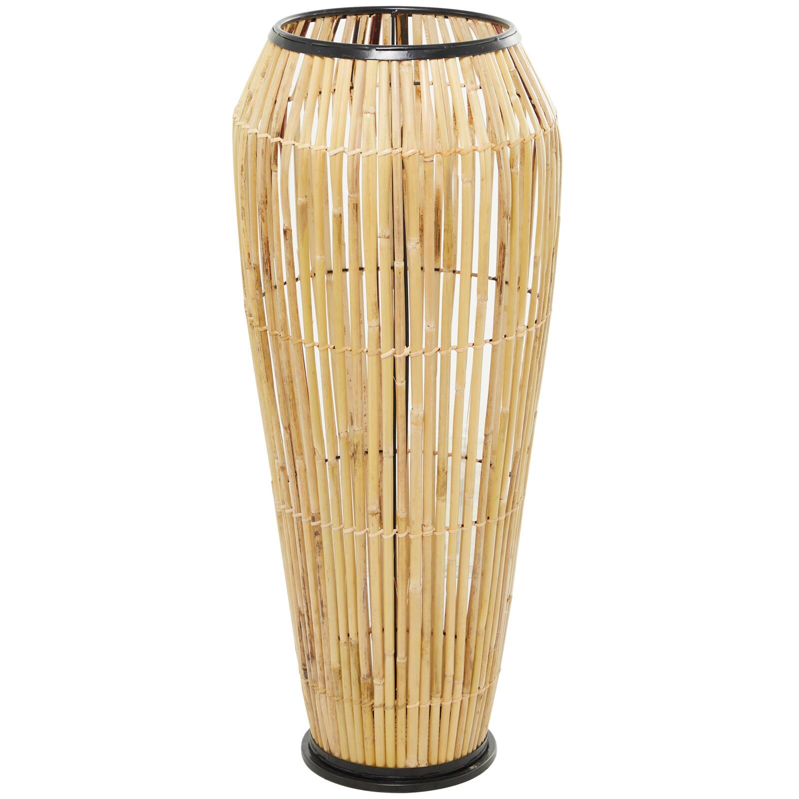 Brown Wicker Handmade Slatted Frame Vase with Black Metal Accents