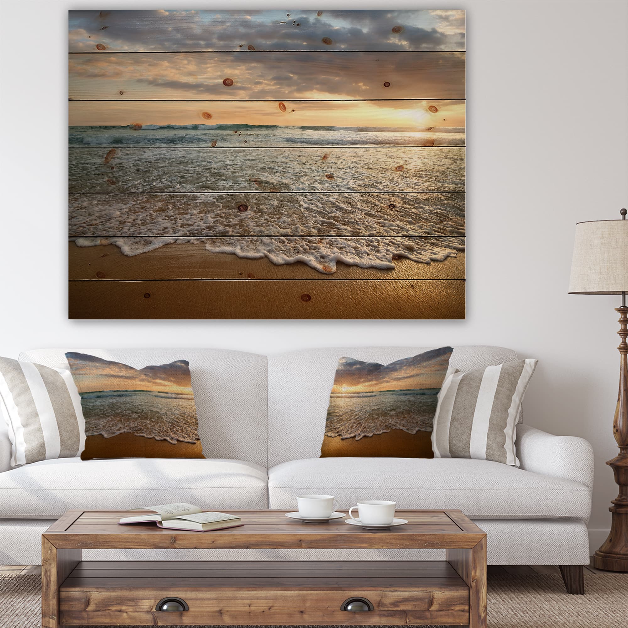 Designart - Bright Cloudy Sunset in Calm Ocean - Seashore Print on Natural Pine Wood