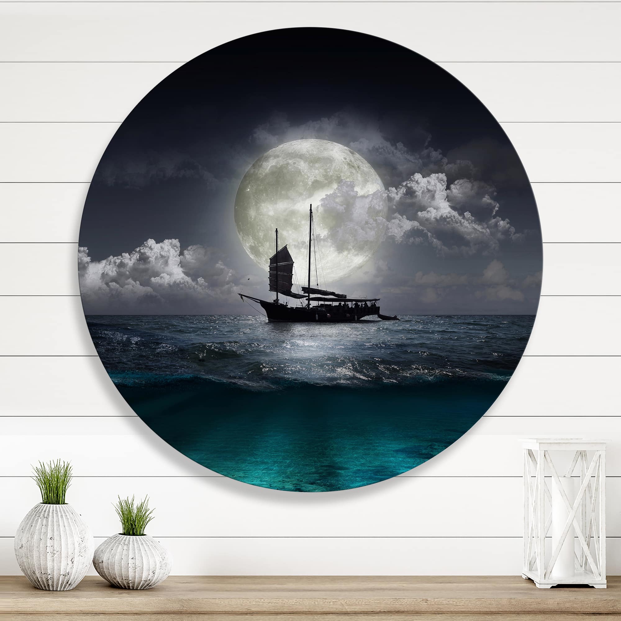 Designart - Fisher Boat On The Lake During Full Moon