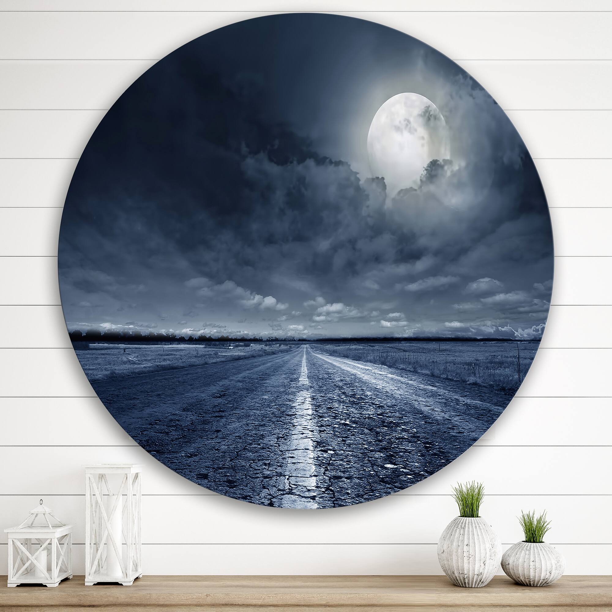 Designart - Asphalt Road Under Cloudy Full Moon I - Nautical & Coastal Metal Circle Wall Art