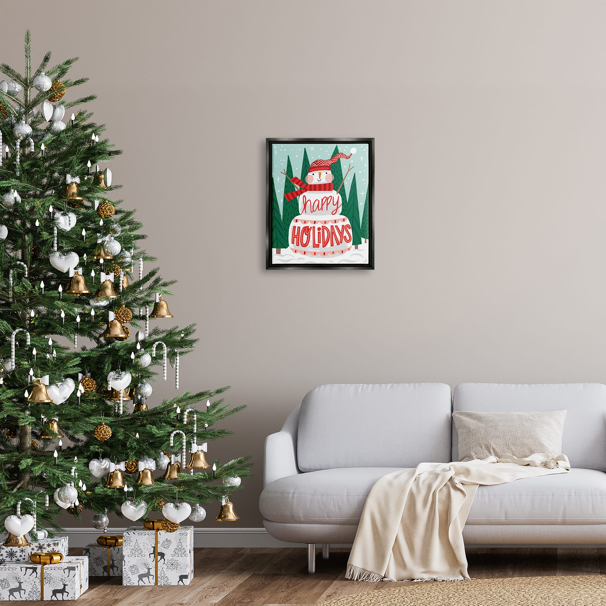 Stupell Industries Happy Holidays Happy Snowman Framed Floater Canvas Wall Art