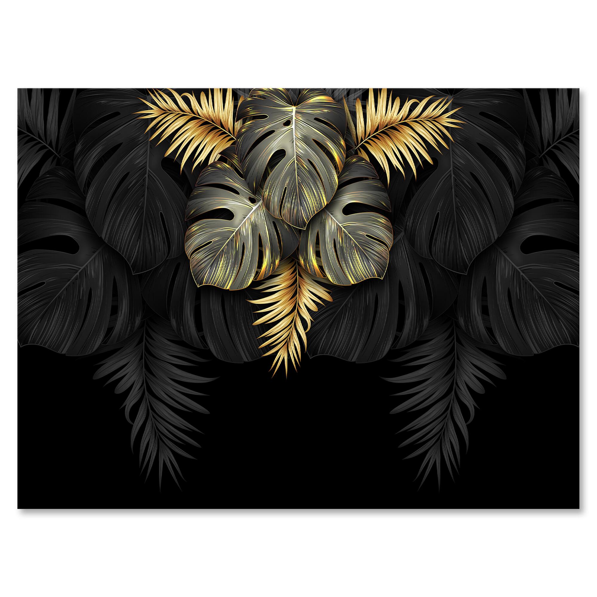 Designart - Black and Gold Tropical Leaves IV - Modern Canvas Wall Art Print