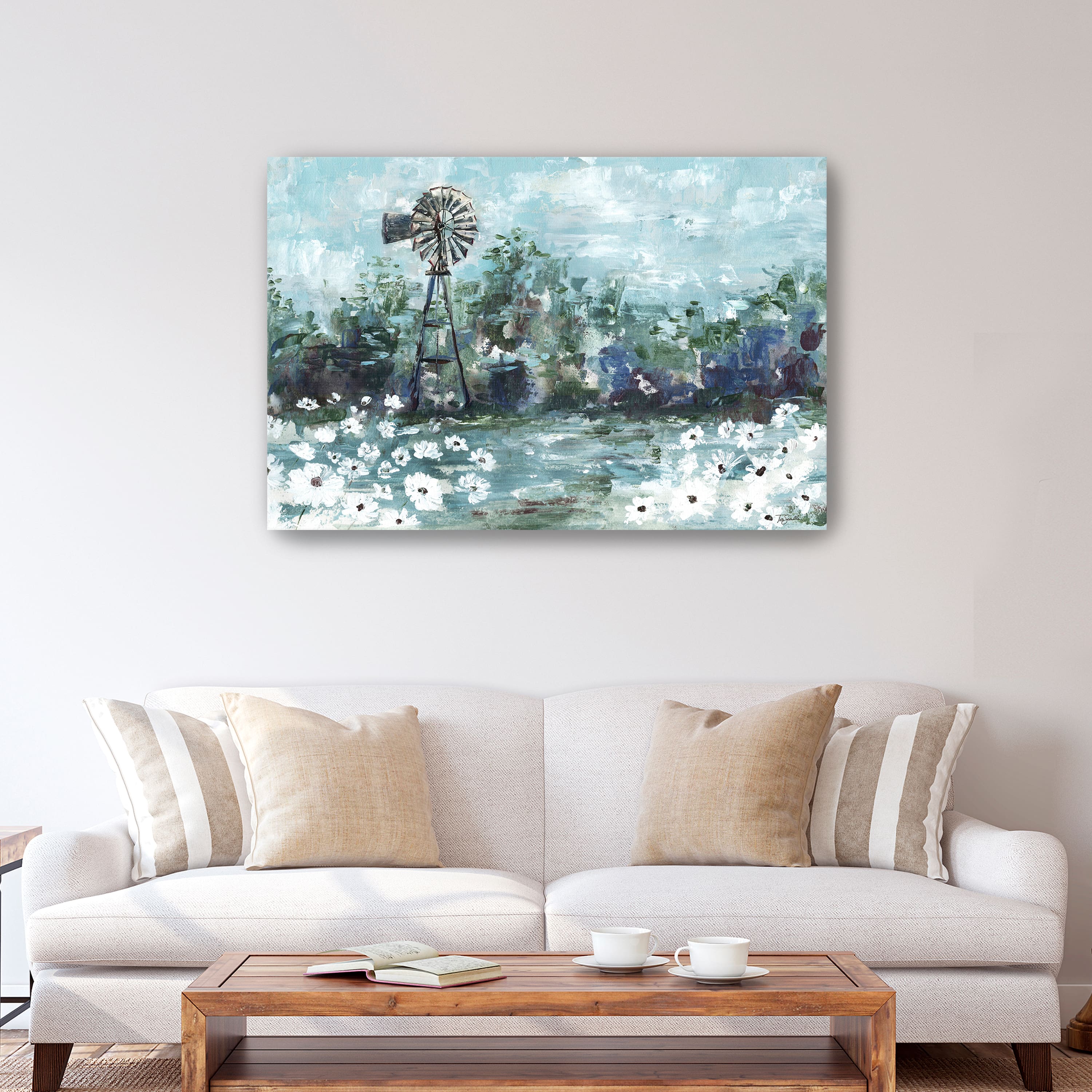 Windmill And Daisies Landscape Canvas Giclee
