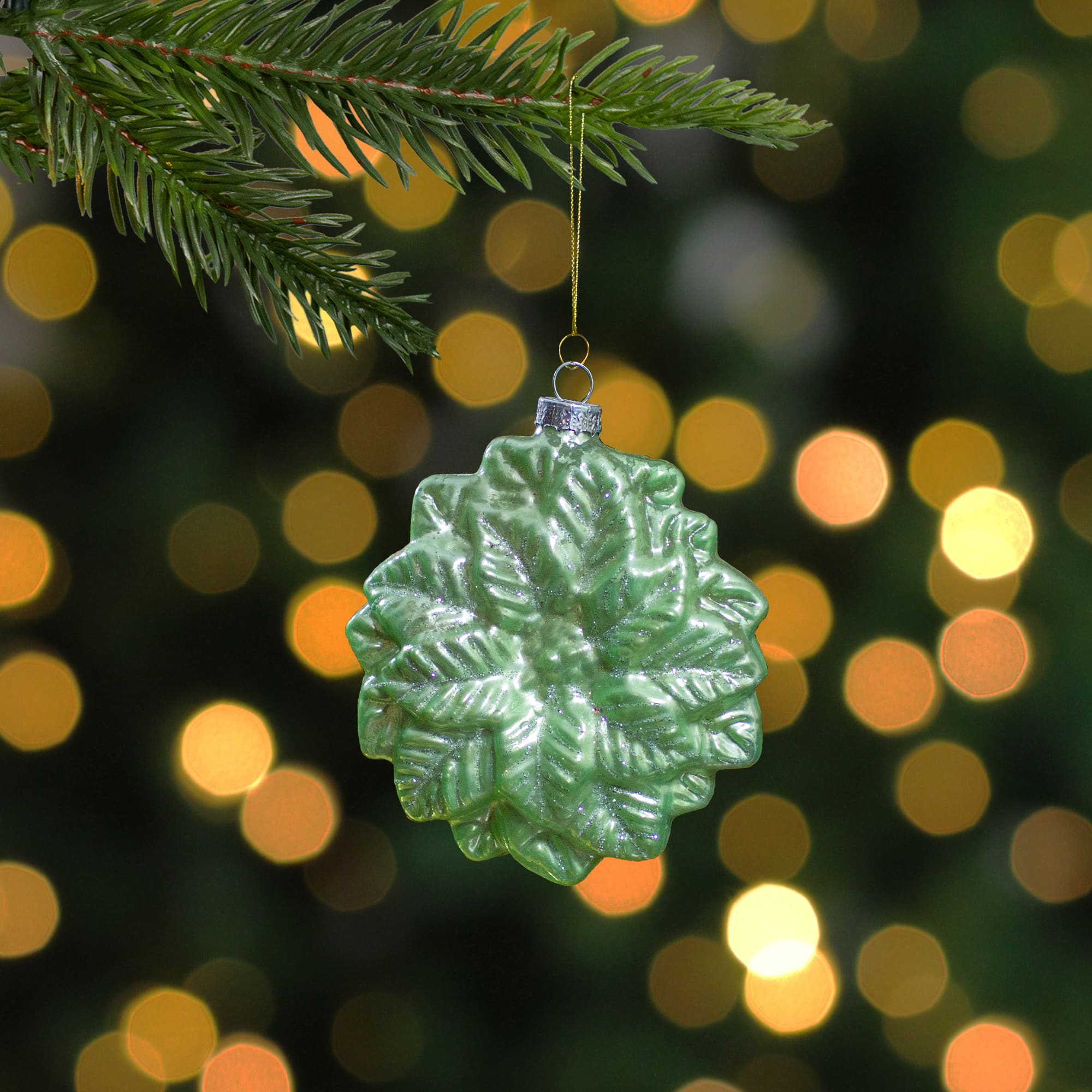 4" Glittered Green Poinsettia Flower Glass Christmas Ornament