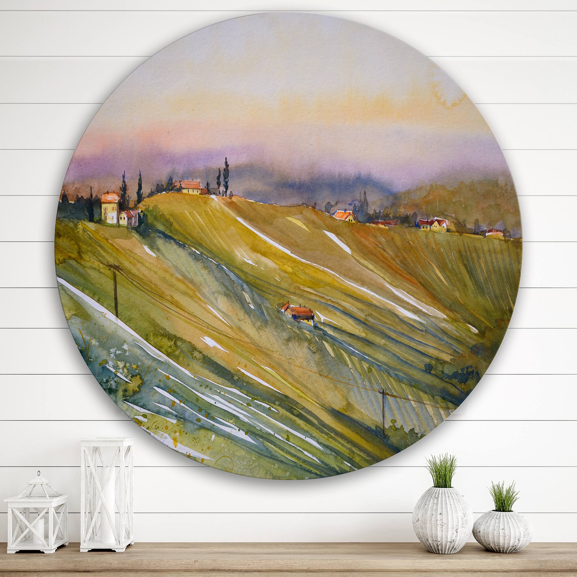 Designart - Vineyard At Dawn In Tuscany Italy - Country Metal Circle Wall Art