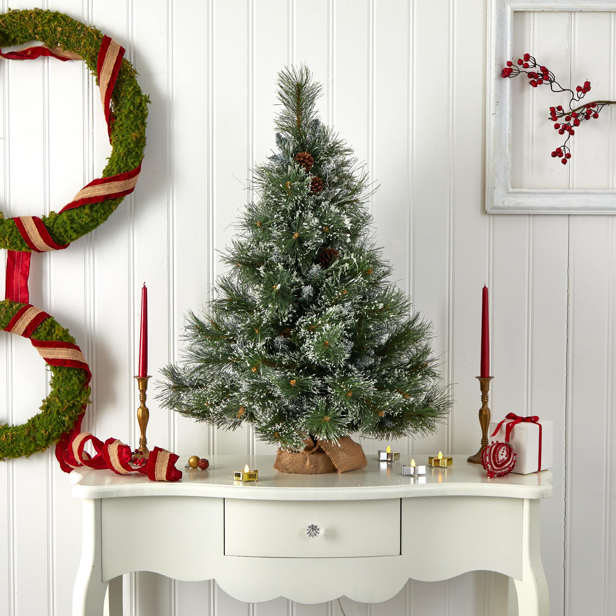 3ft. Pre-Lit Frosted Artificial Christmas Tree with Pinecones, Clear Lights