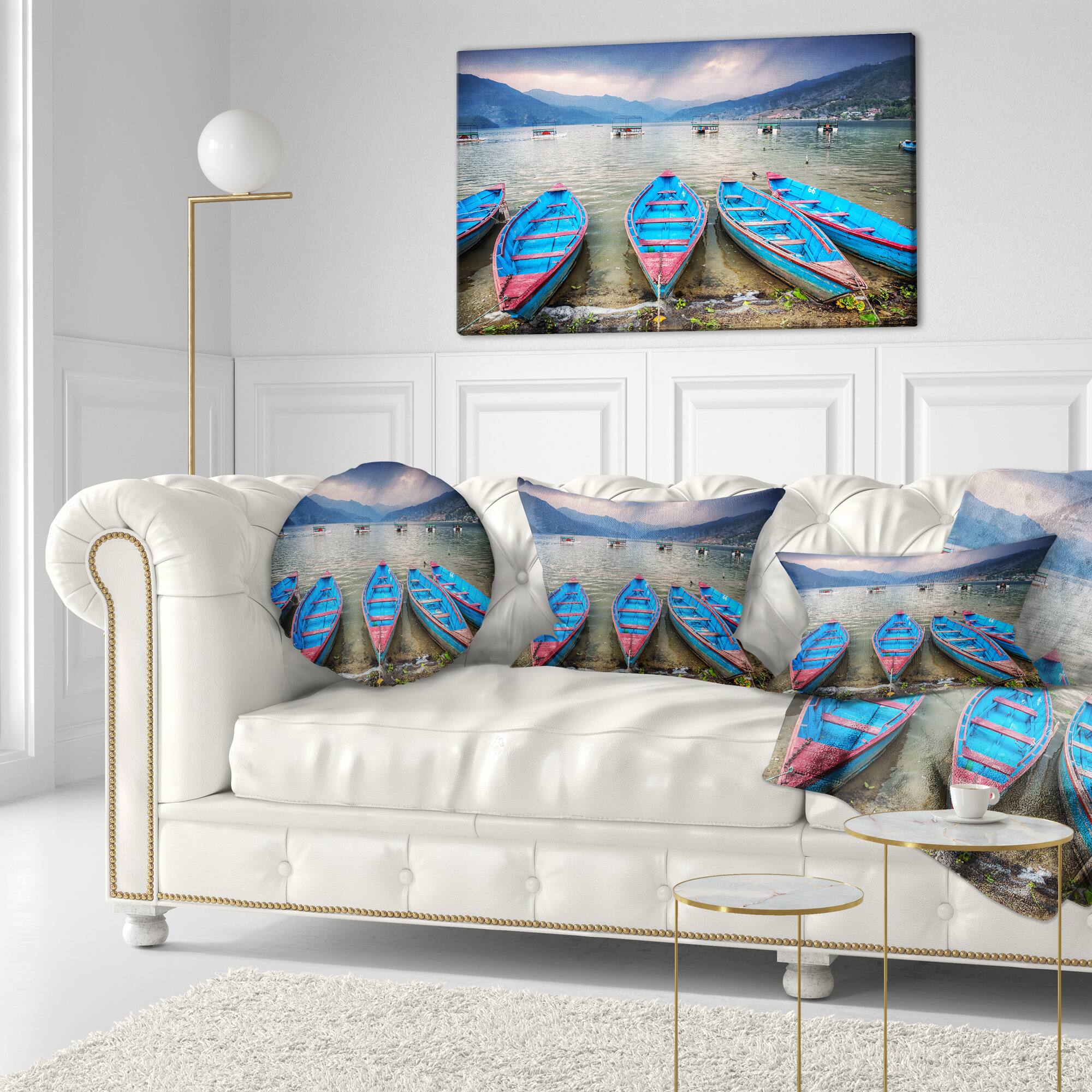 Designart - Row of Blue Boats in Pokhara Lake - Boat Canvas Art Print