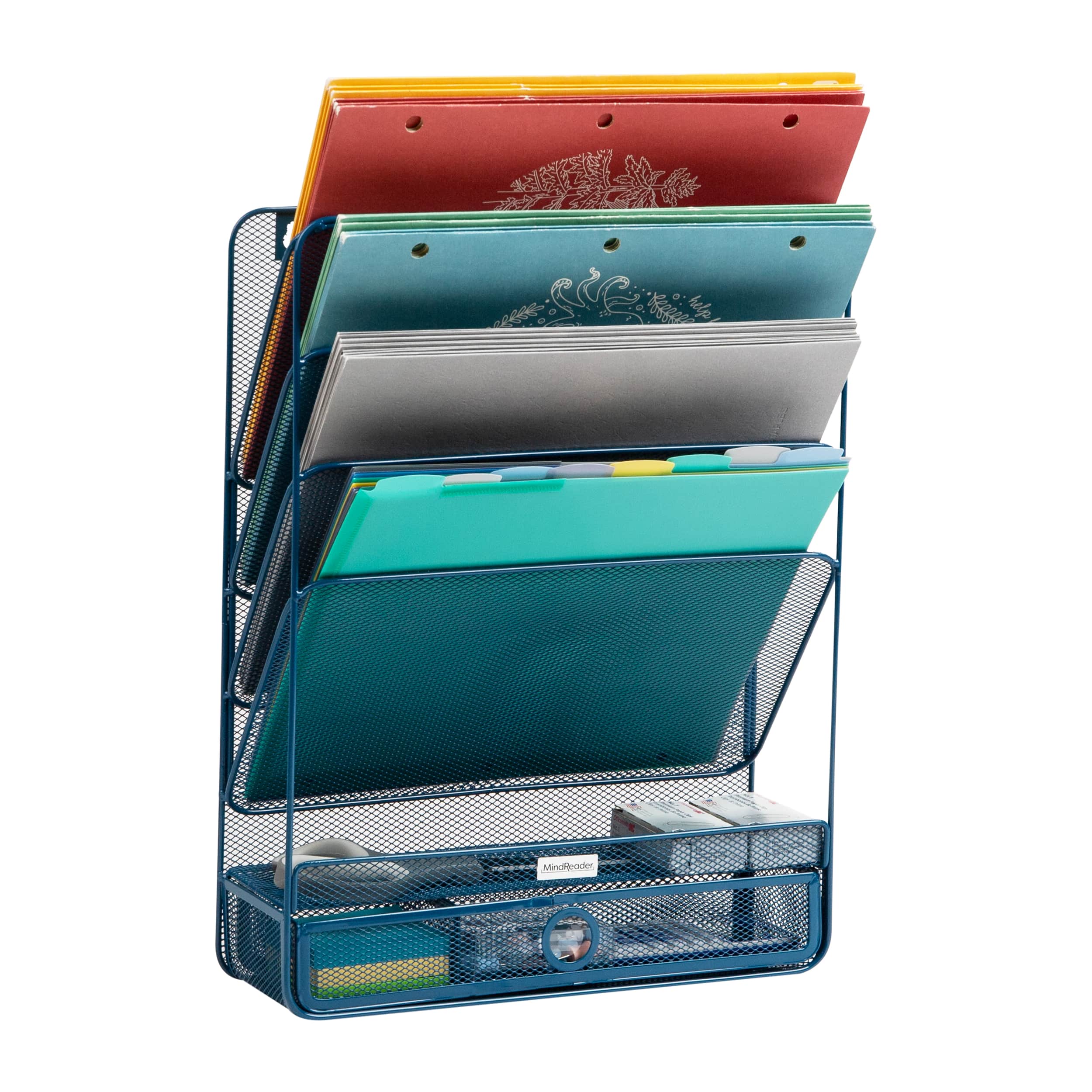 Mind Reader 4-Tier Vertical File Storage, Desktop Organizer, Wall Mount, Office, Metal Mesh, 12.5"L x 4"W x 16.5"H, Turquoise